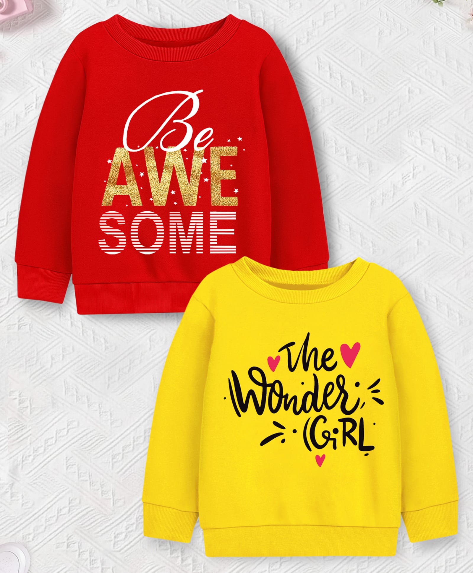 Trampoline Fleece Knit Pack Of 2 Full Sleeves Be Awesome & The Wonder Girl Text Printed Light Winter Sweatshirts - Red & Yellow-image-40