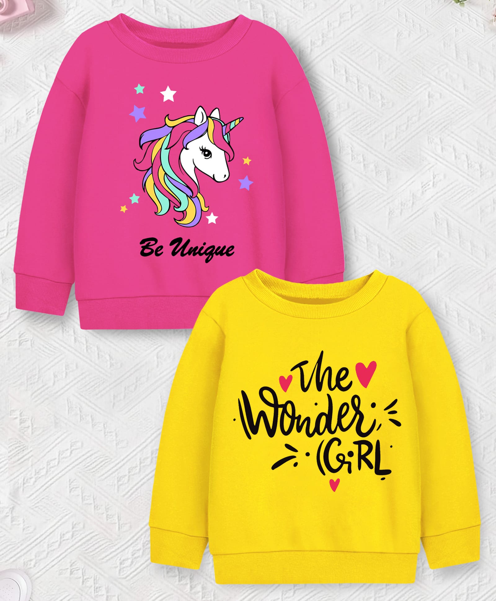 Trampoline Fleece Knit Pack Of 2 Full Sleeves Unicorn & The Wonder Girl Text Printed Light Winter Sweatshirts - Pink & Yellow-image-39