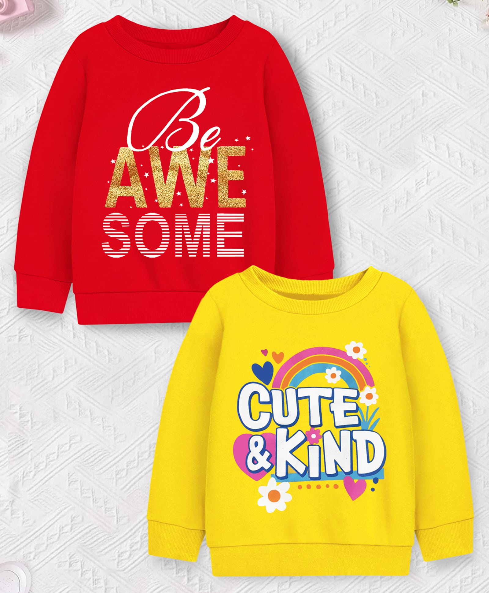 Trampoline Fleece Knit Pack Of 2 Full Sleeves Be Awesome & Cute & Kind Text Printed Light Winter Sweatshirts - Red & Yellow-picture-24