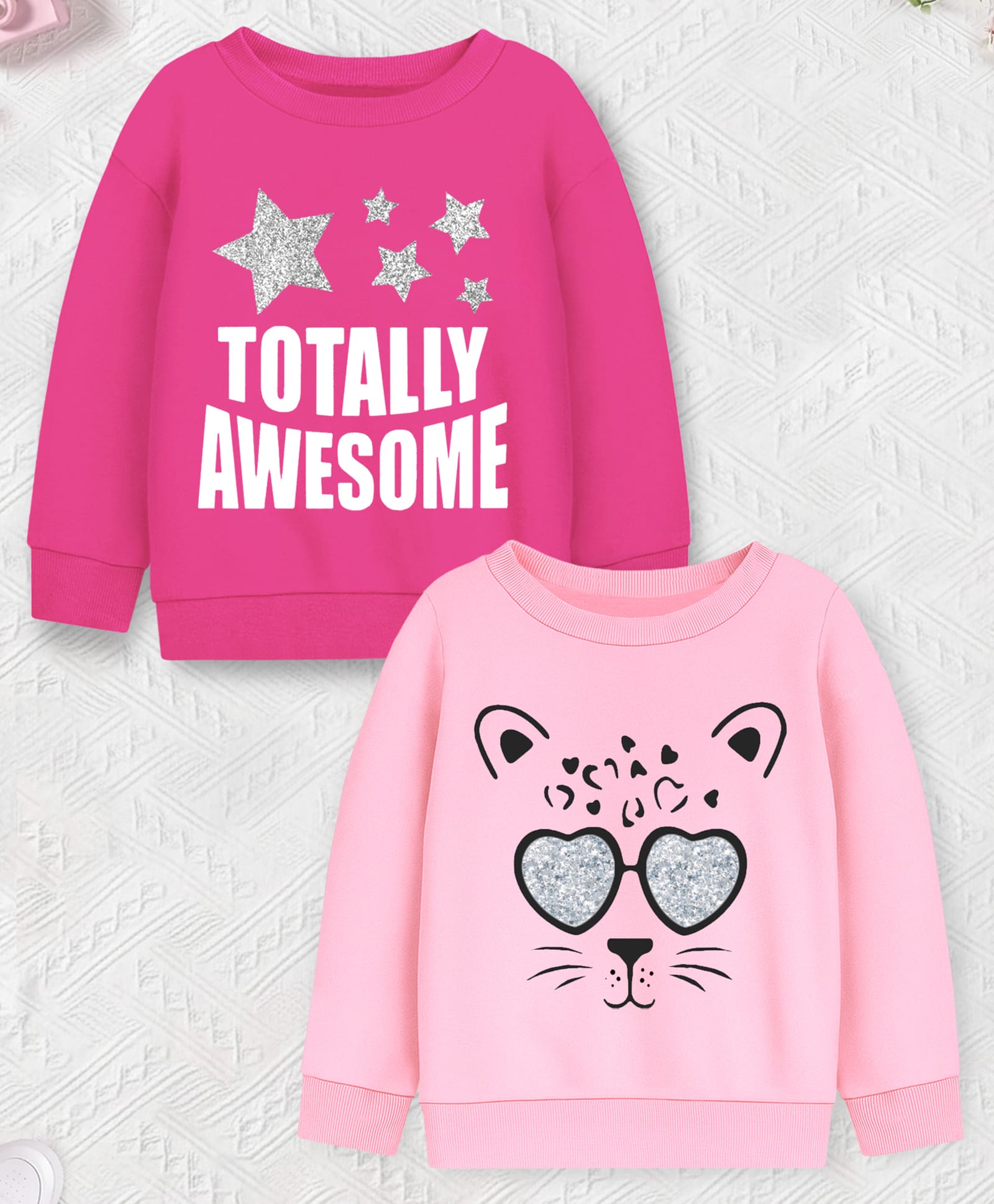 Trampoline Fleece Knit Pack Of 2 Full Sleeves Totally Awesome Text & Cat Printed Light Winter Sweatshirts - Pink & Light Pink-image-27