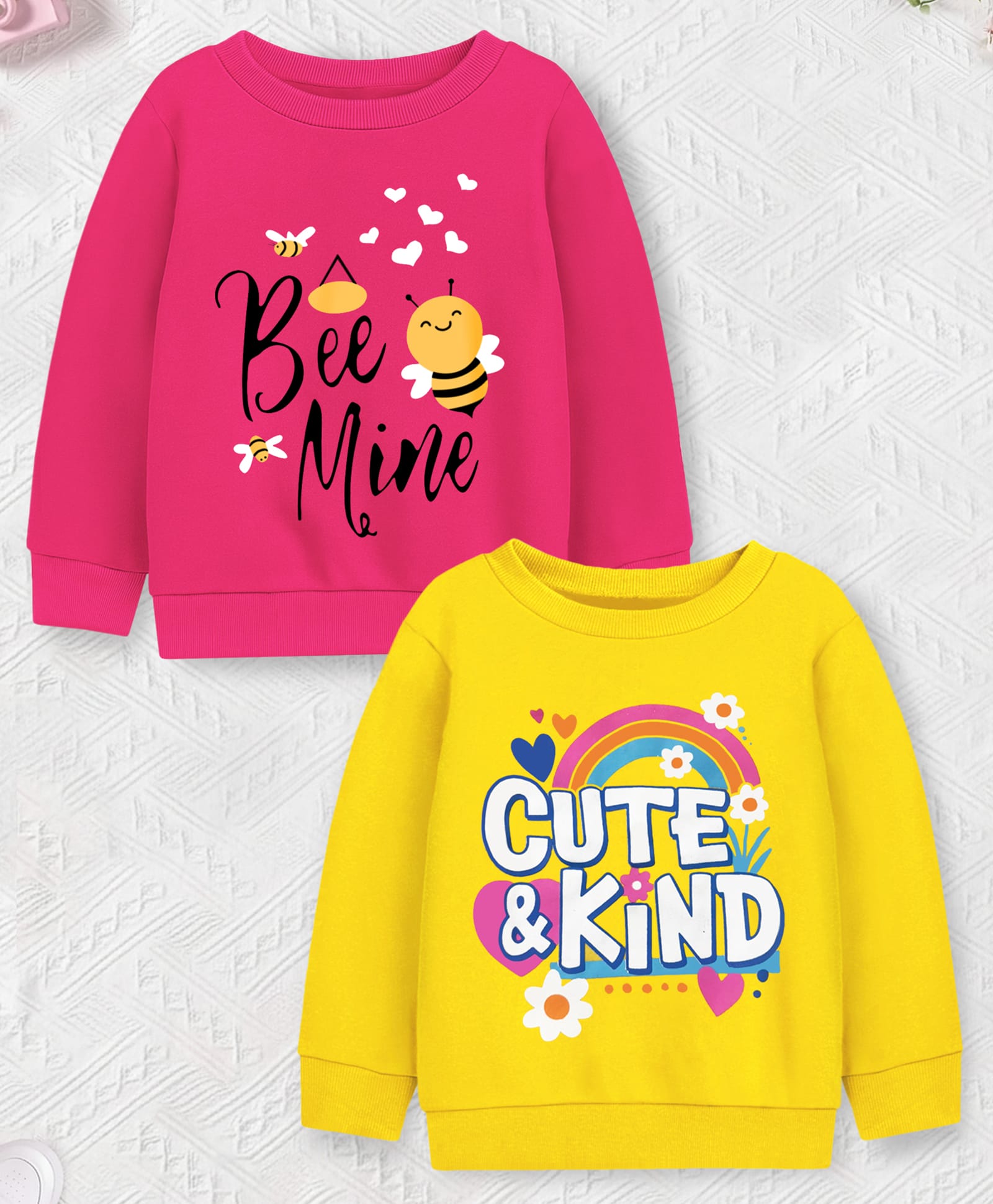 Trampoline Fleece Knit Pack Of 2 Full Sleeves Bee Mine & Cute & Kind Text Printed Light Winter Sweatshirts - Pink & Yellow-image-27