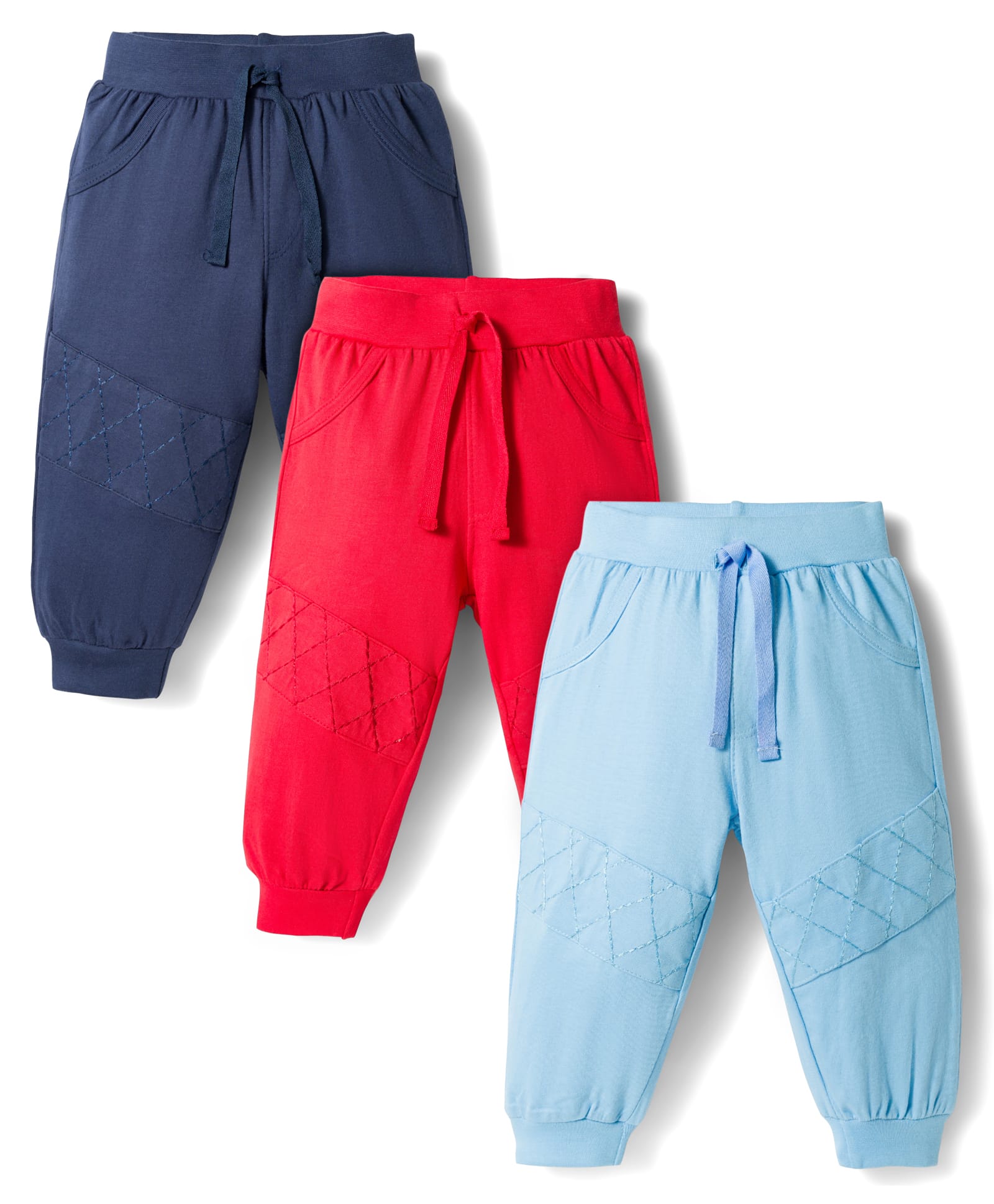 Doodle Poodle 100% Cotton Knit Full Length Lounge Pant with Zig Zag Embroidery Pack of 3 - Red & Navy Blue-picture-23