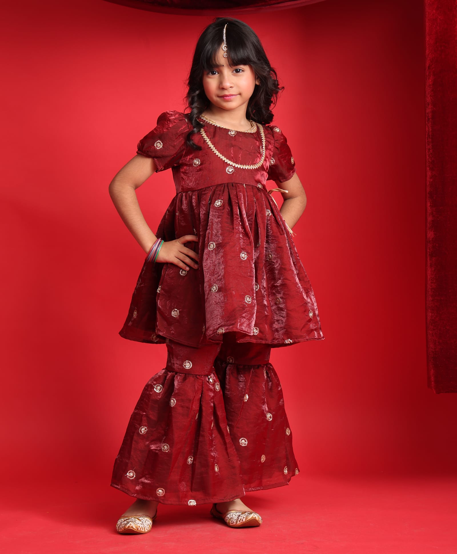 Saka Designs By Sapna Tissue Woven Half Sleeves Sequins Embellished Kurti & Sharara Set - Maroon-picture-36