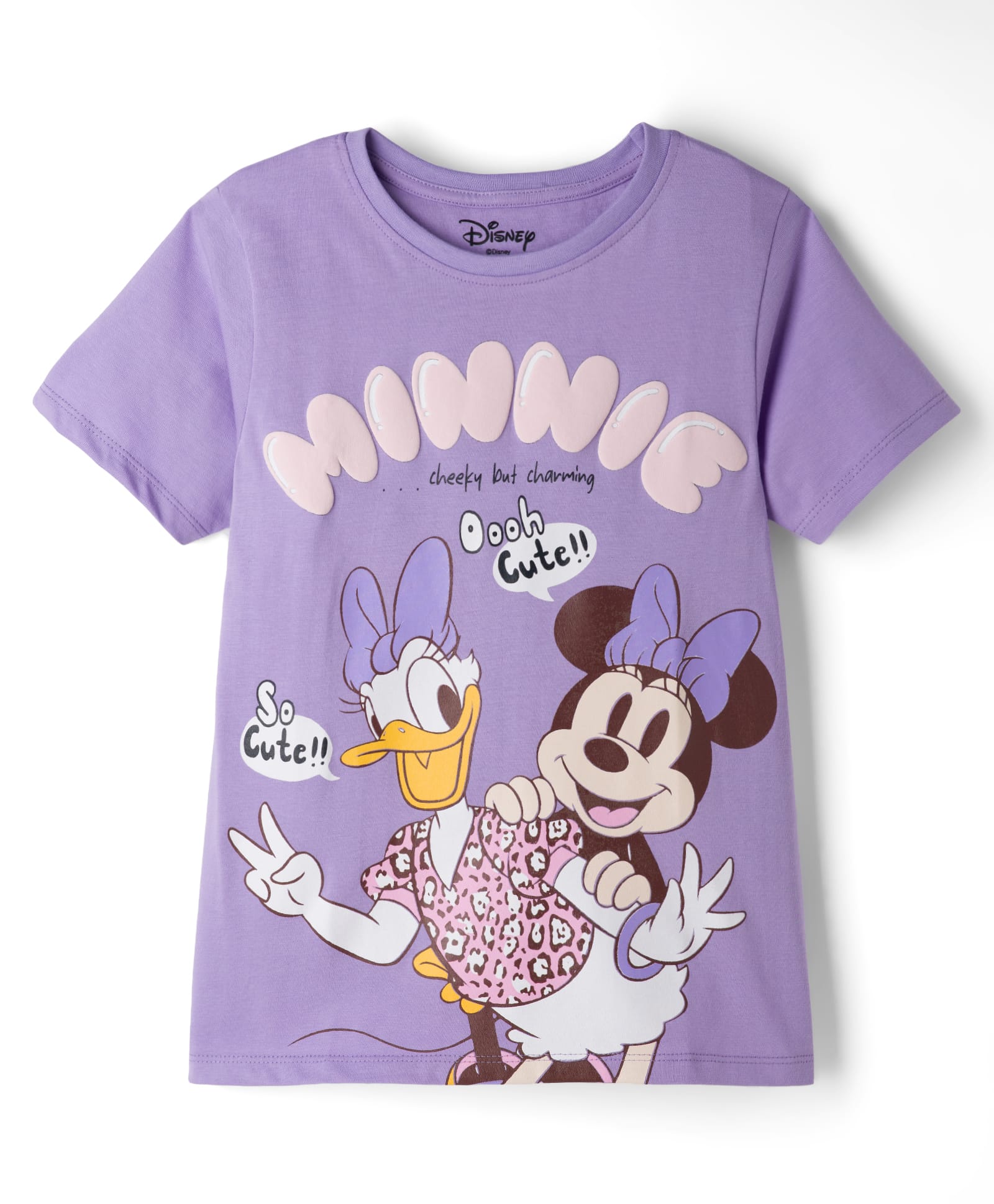 Pine Kids Disney 100% Cotton Knit Half Sleeves T-Shirt With Minnie & Daisy Graphic & Puff Print Detailing - Lavender