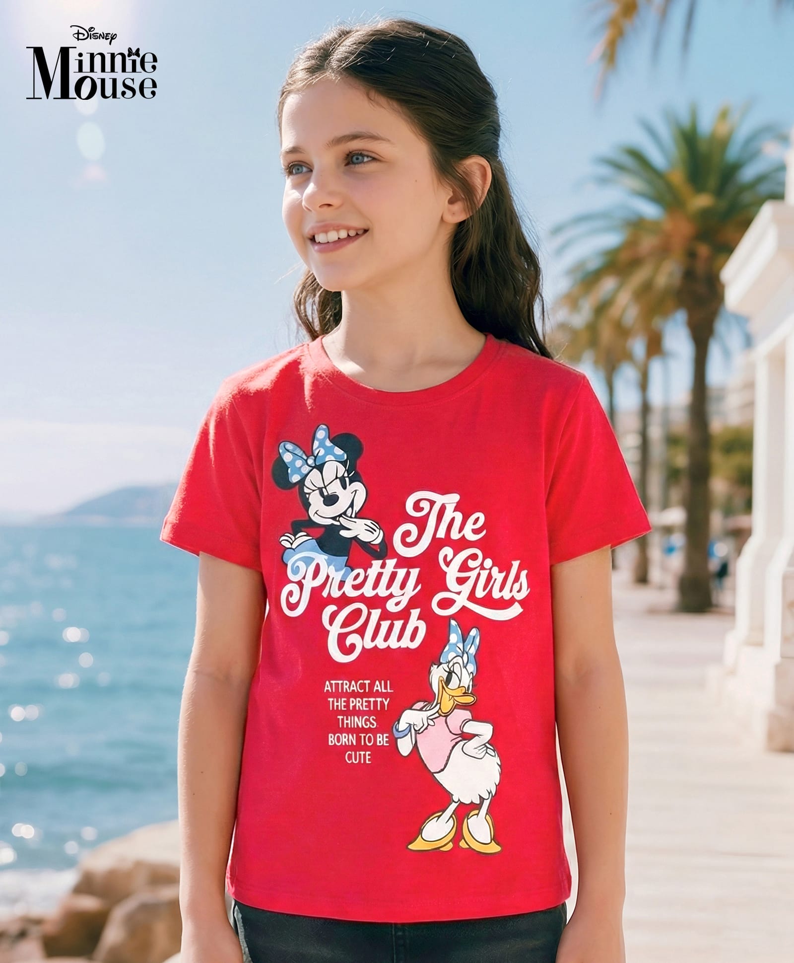 Pine Kids Disney 100% Cotton Knit Half Sleeves T-Shirt With Front & Back Minnie & Daisy Graphic - Red-image-36