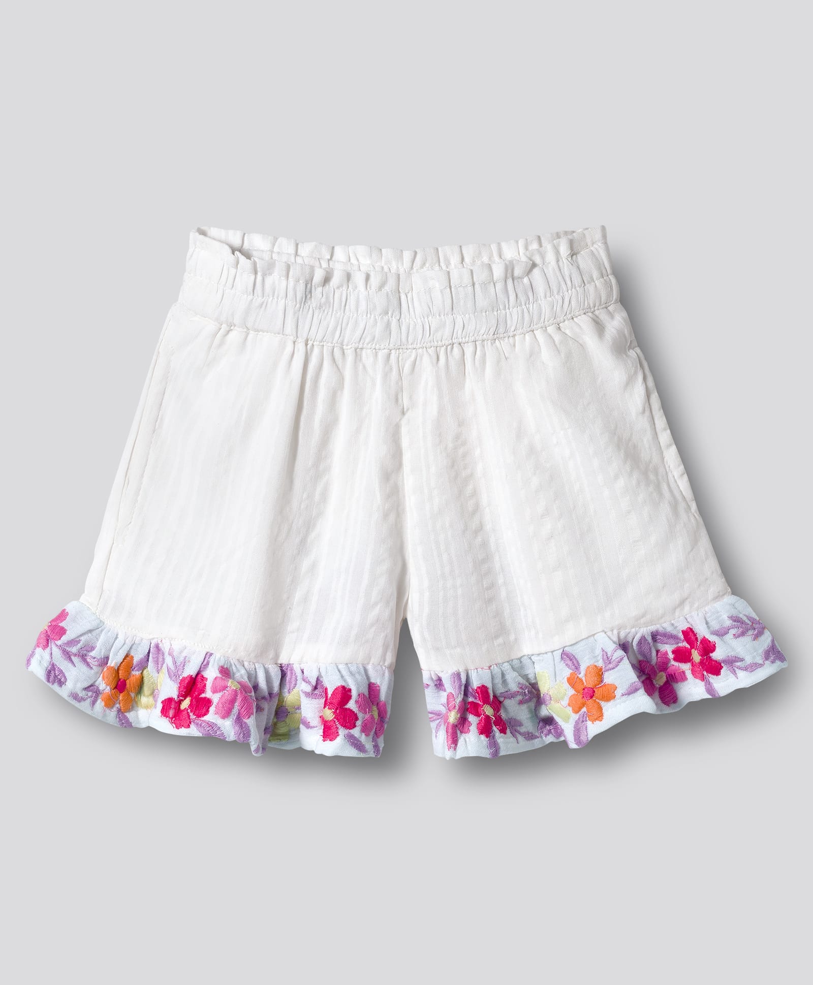 Bonfino 100% Cotton Seersucker Woven Abover Knee Length Shorts with Floral Embroidery Details on Hem - White-picture-12