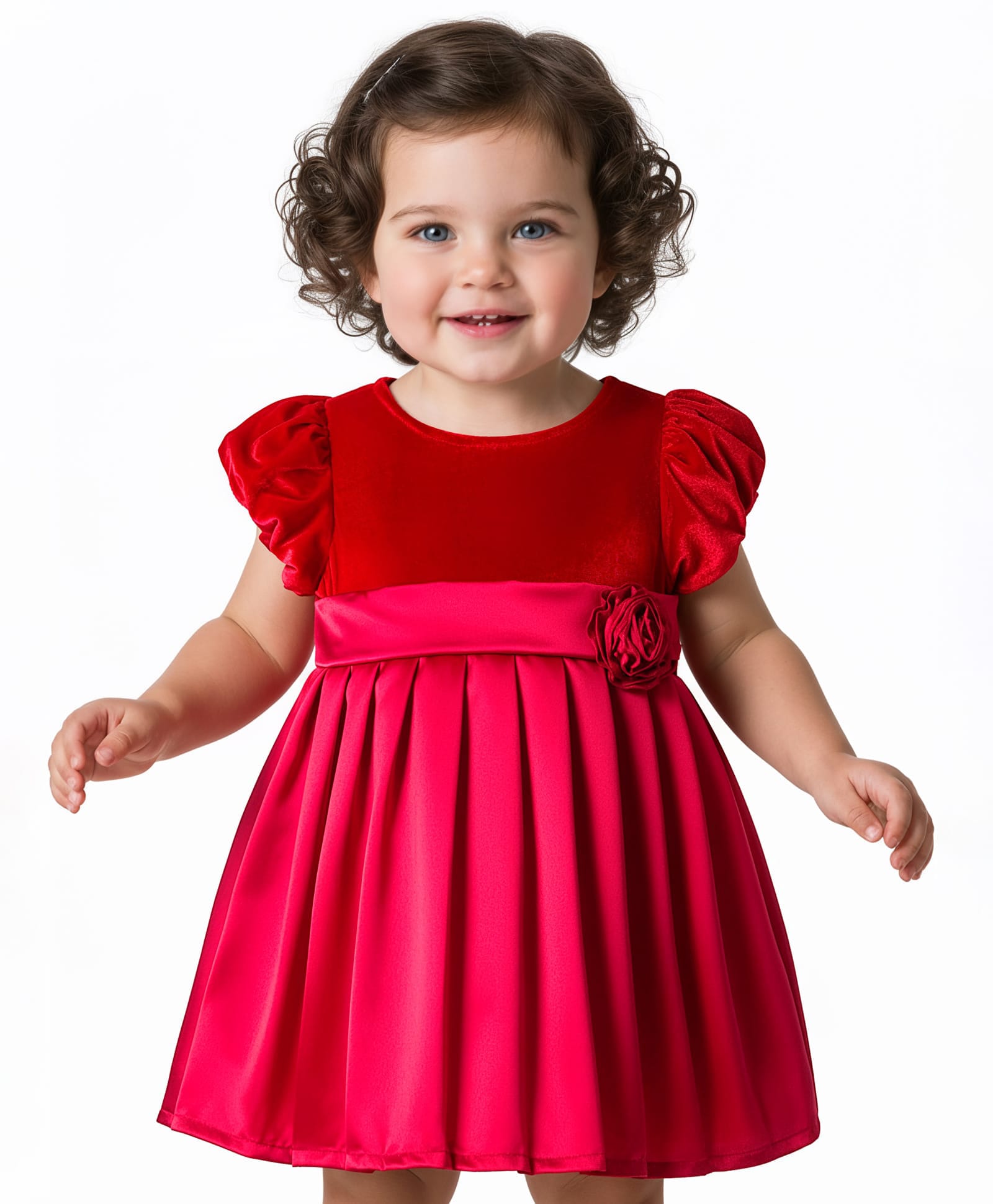 Babyoye Satin Woven Half Puffed Sleeves Fit & Flared Solid Coloured Party Dress with Floral Applique- Red-picture-17
