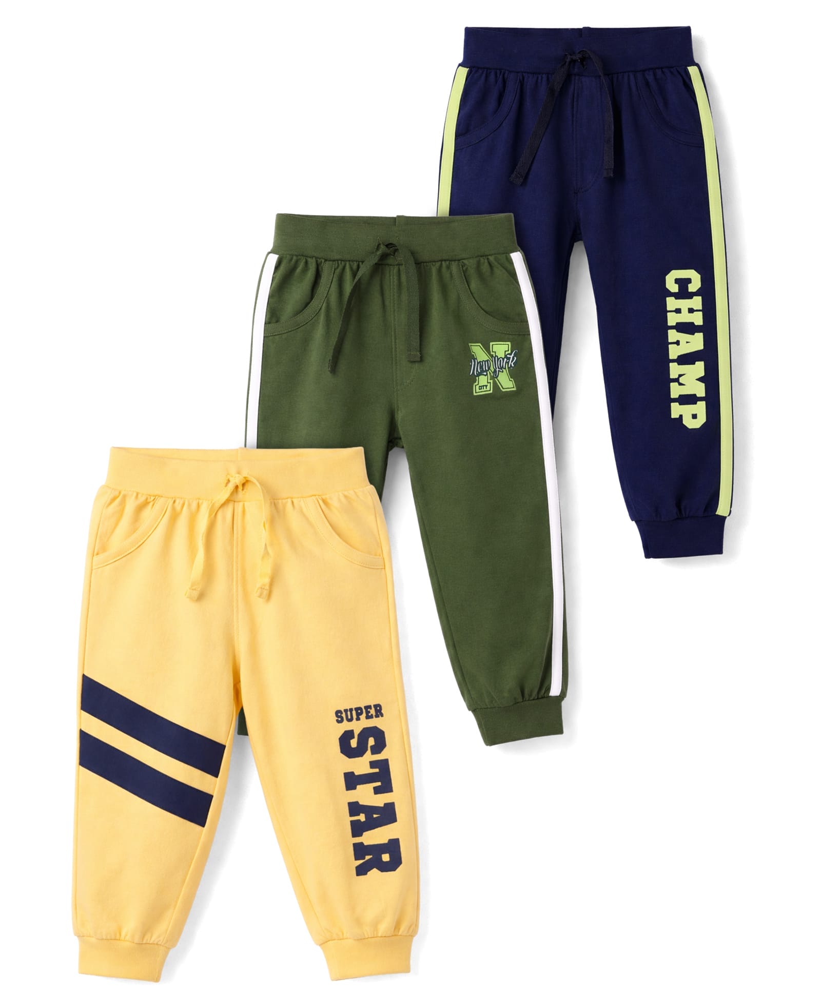 Doodle Poodle 100% Cotton Knit Full Length Text Printed Lounge Pants Pack Of 3 - Olive Green Navy Blue & Yellow-image-28