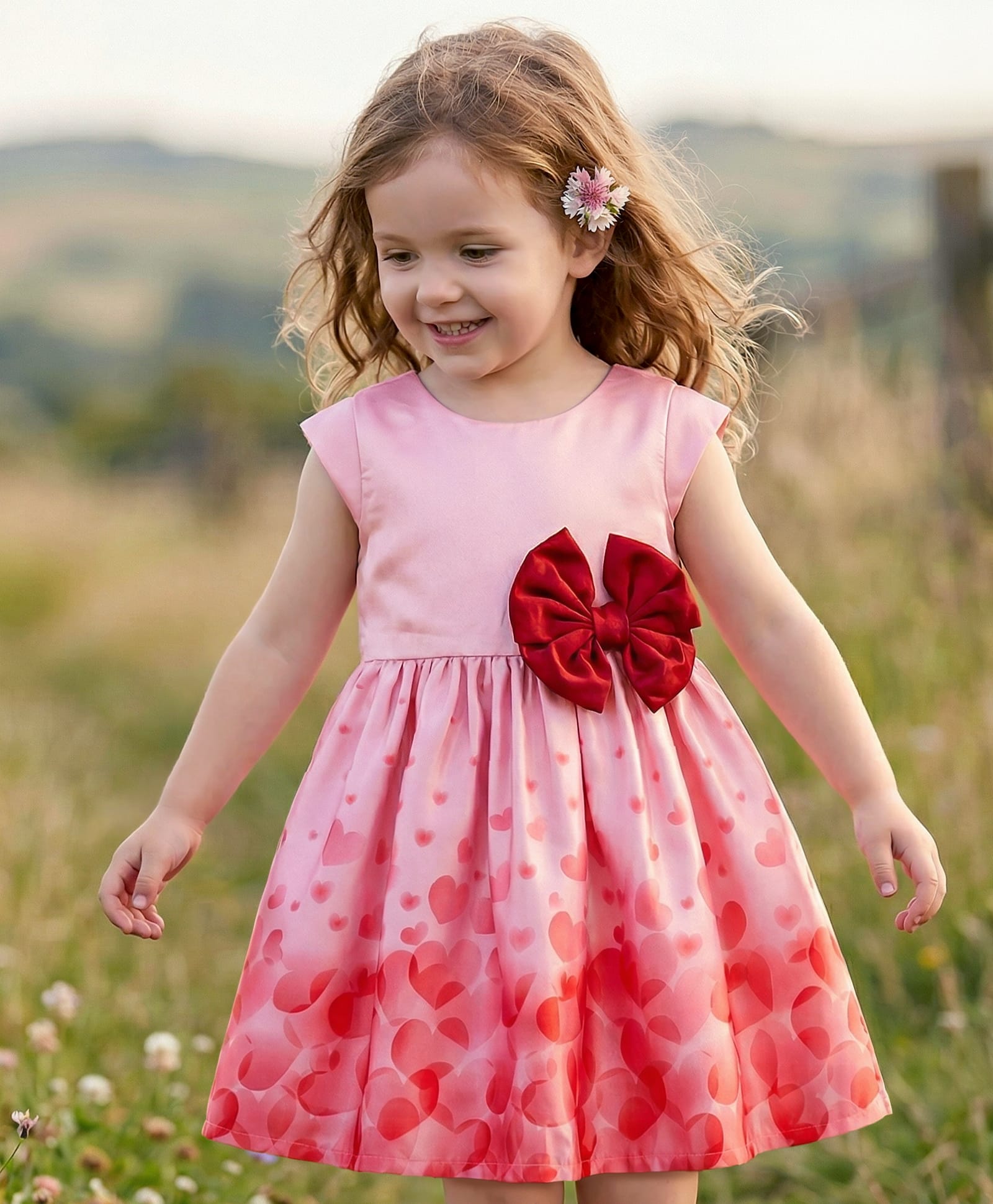 Babyoye Satin Woven Half Sleeves Party Dress With Heart Print & Bow Applique - Pink-picture-24