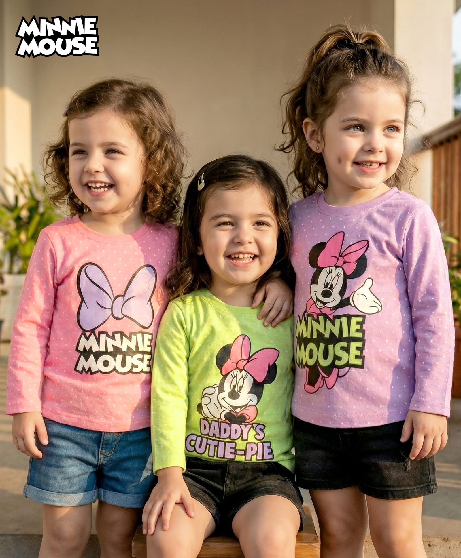 Babyhug Disney Single Jersey Knit Full Sleeves T-Shirts With Minnie Mouse Graphics Pack of 3 - Pink Purple & Green