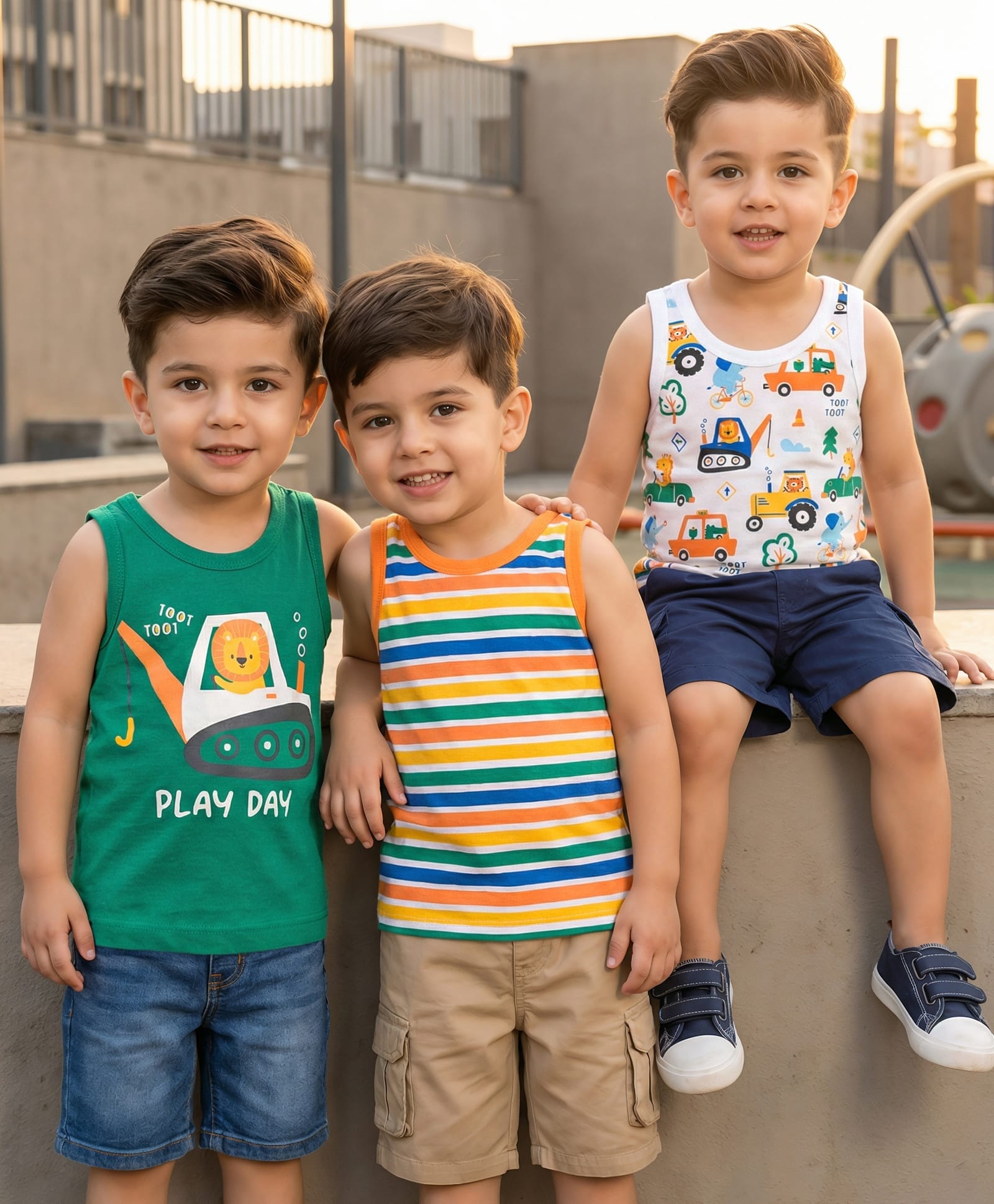 Babyhug 100% Cotton Knit Sandos with Vehicle Print & Stripes Pack of 3 - Multicolor-image-42