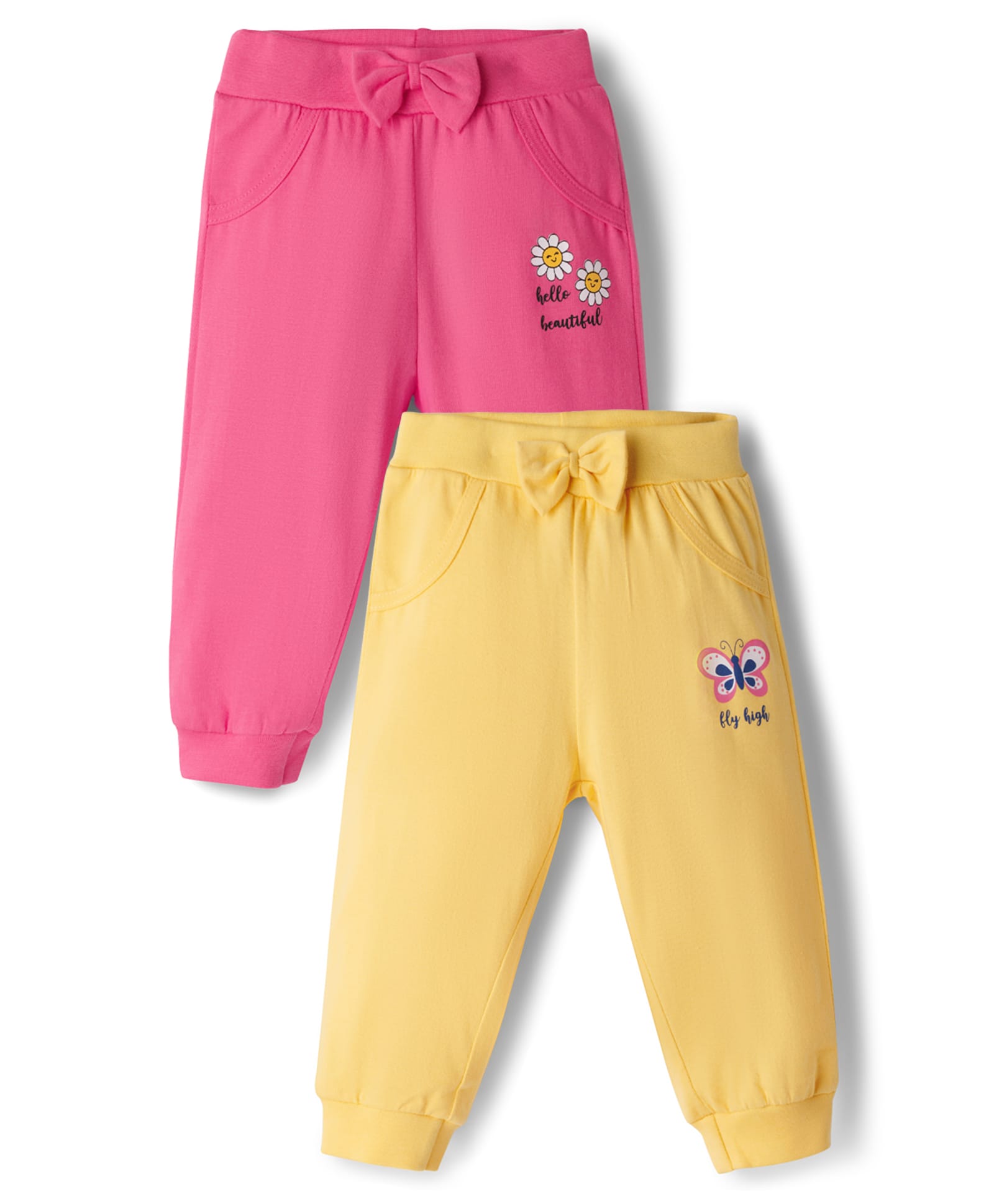 Doodle Poodle 100% Cotton Knit Full Length Floral & Butterfly Printed Lounge Pants Pack Of 2 - Yellow & Pink-picture-19