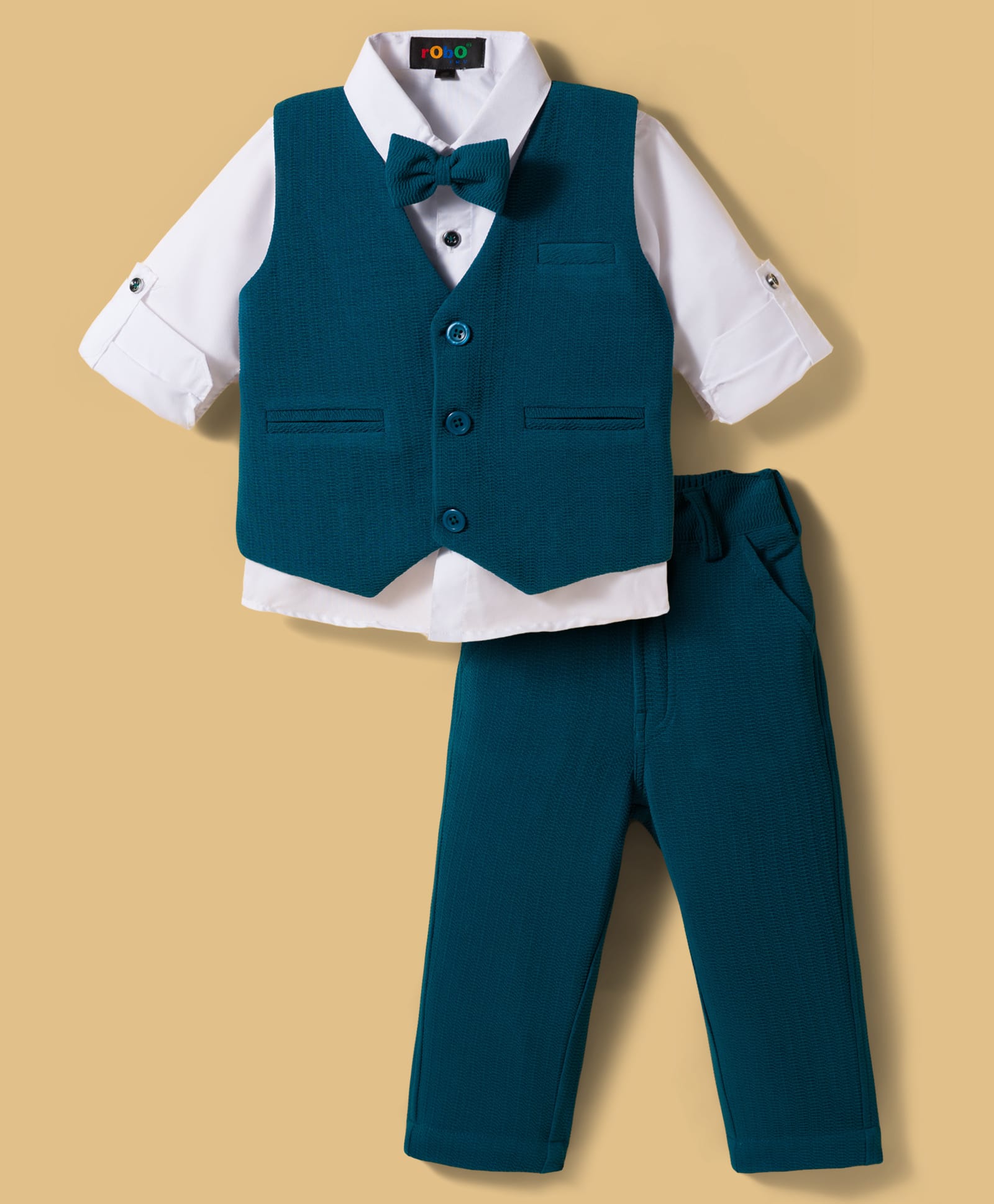 Robo Fry Cotton Woven Full Sleeves Solid Color 3 Piece Party Suit with Bow - Navy Blue-picture-36