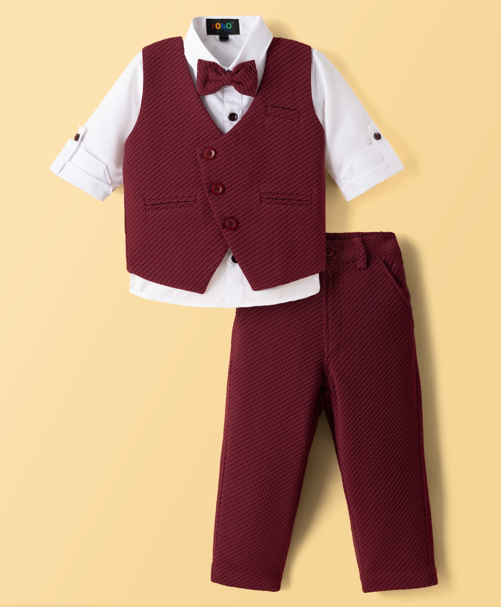 Robo Fry Cotton Woven Full Sleeves Solid 3 Piece Party Suit With Bow - Maroon-picture-23