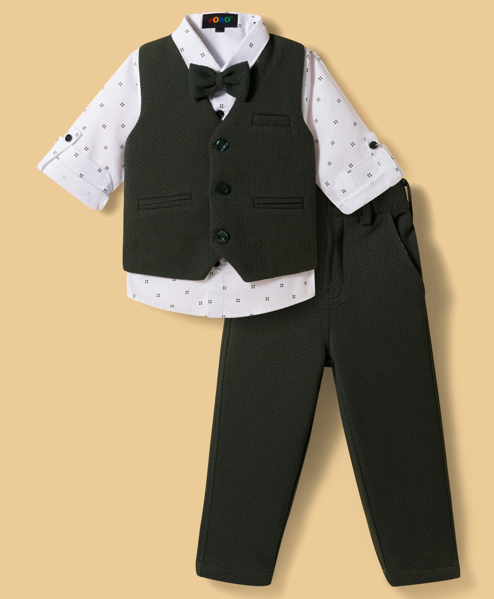 Robo Fry Cotton Woven Full Sleeves 3 Piece Printed Party Suit With Bow - Green-picture-9