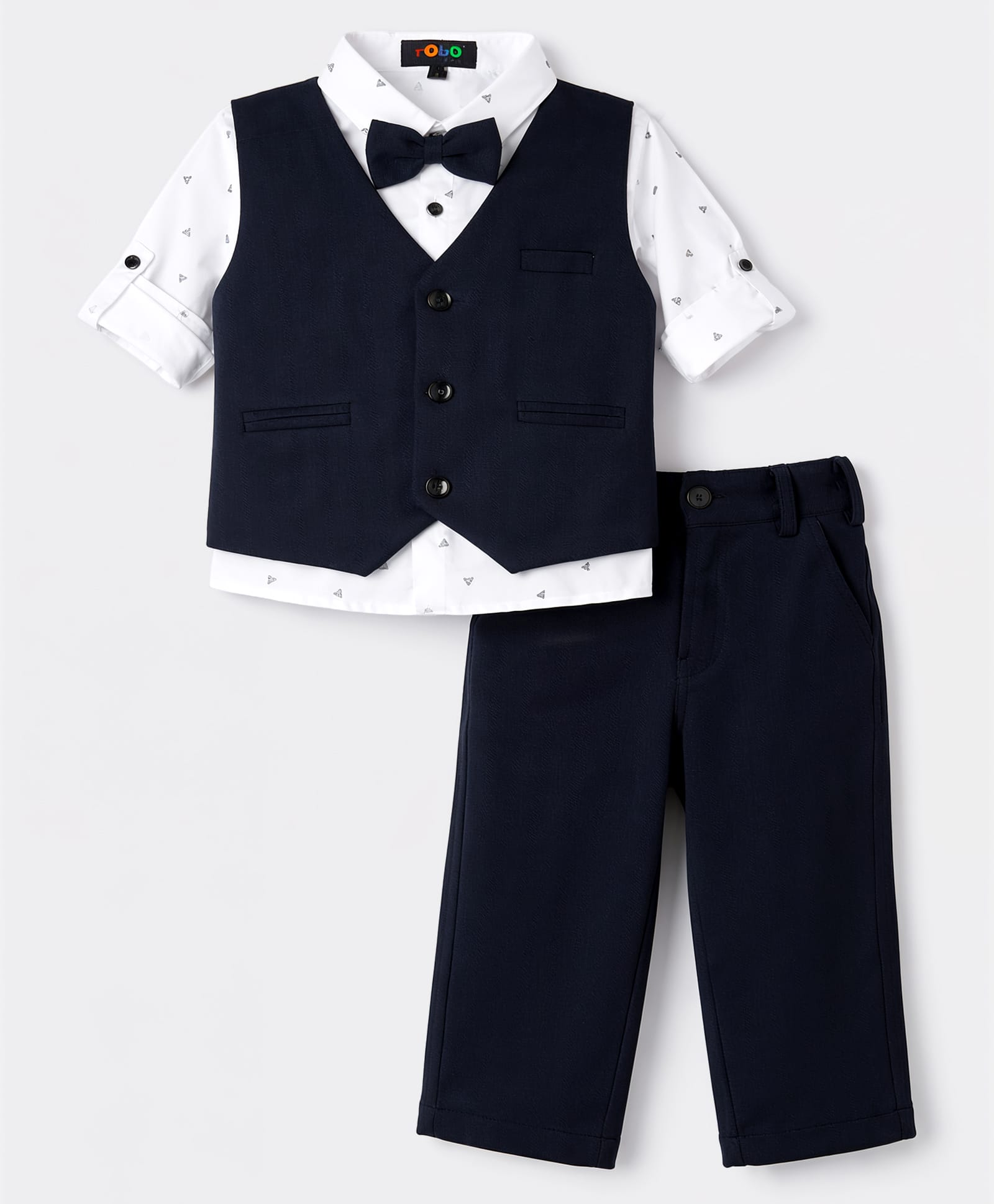 Robo Fry Cotton Woven Full Sleeves 3 Piece Printed Party Suit With Bow - Navy Blue-picture-47