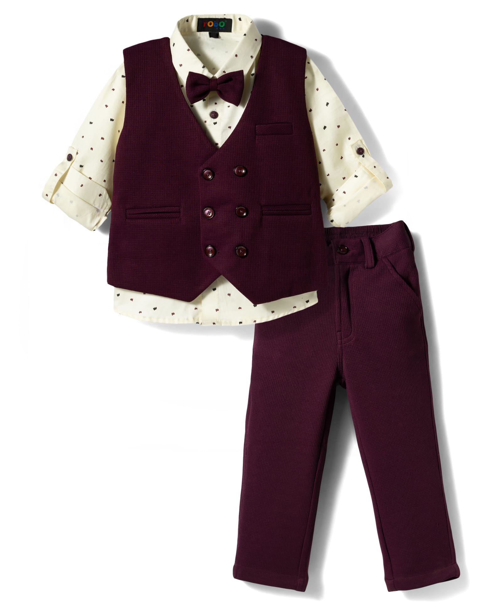 Robo Fry Cotton Woven Full Sleeves Printed 3 Piece Party Suit With Bow - Maroon-image-48