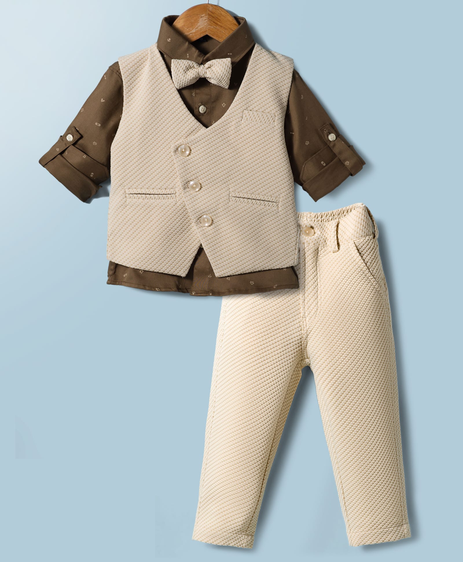 Robo Fry Cotton Woven Full Sleeves Printed 3 Piece Party Suit With Bow - Beige-picture-1