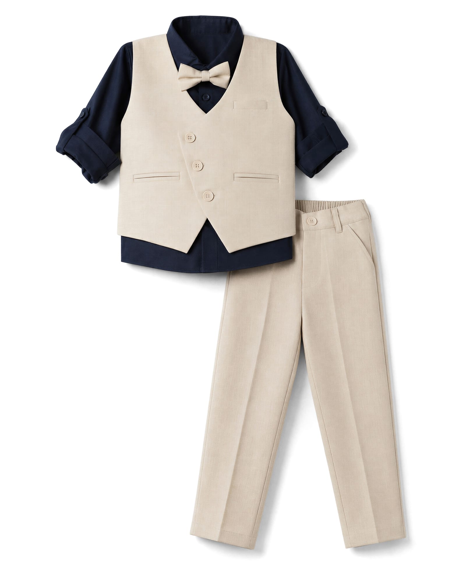 Robo Fry Cotton Woven Full Sleeves Solid Three Piece Party Suit With Bow - Beige & Navy Blue-picture-18