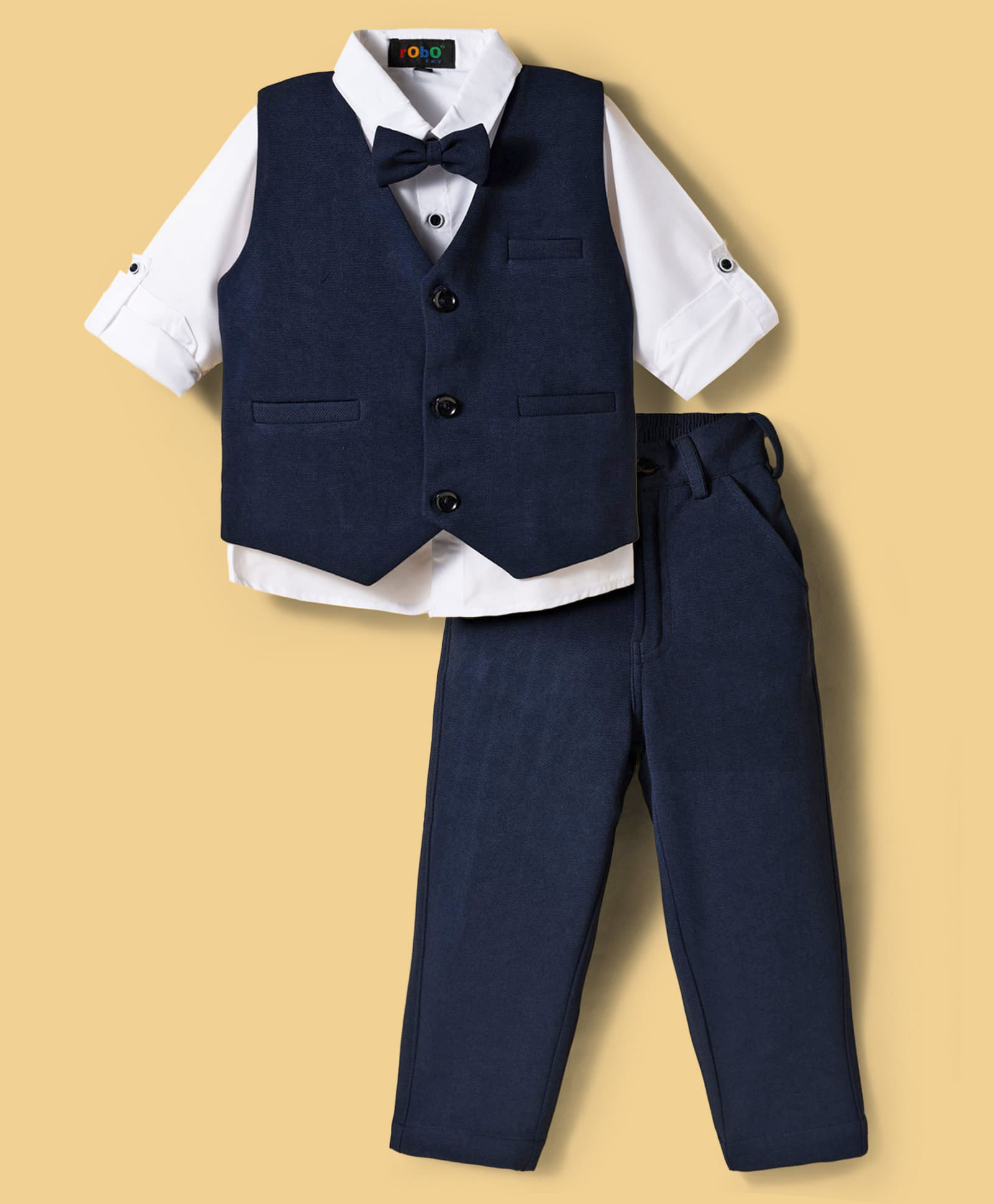 Robo Fry Cotton Knit Full Sleeves Solid Colour 3 Piece Party Suit with Bow - Black-picture-15