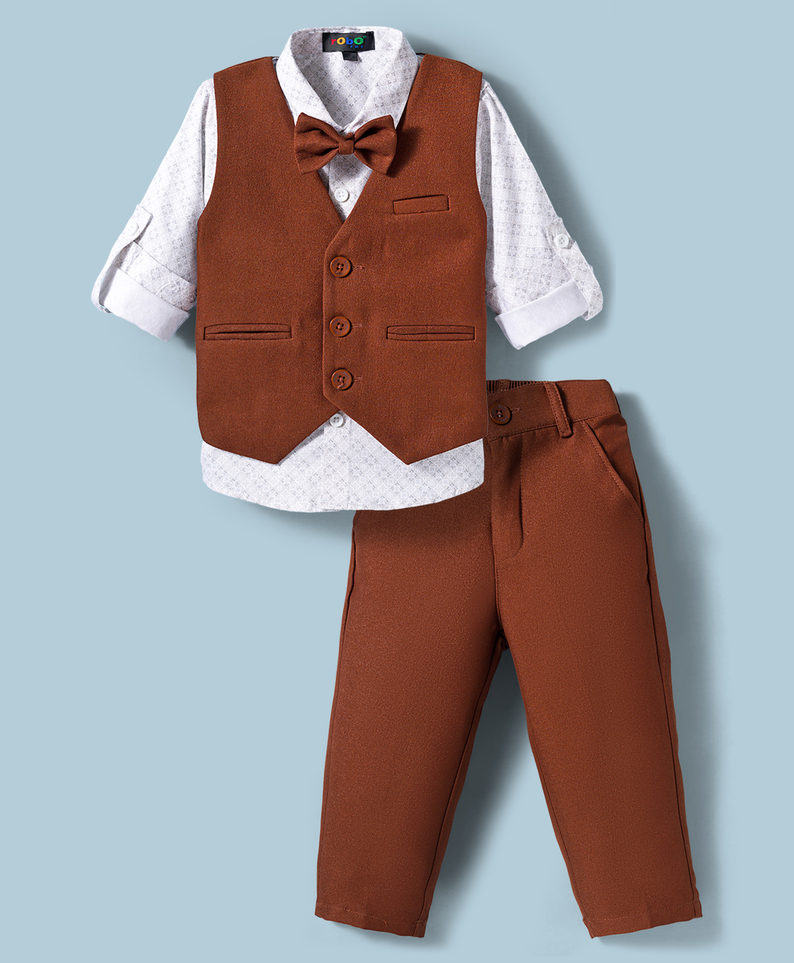 Robo Fry Cotton Woven Full Sleeves Solid 3 Piece Party Suit With Bow - Brown-picture-23