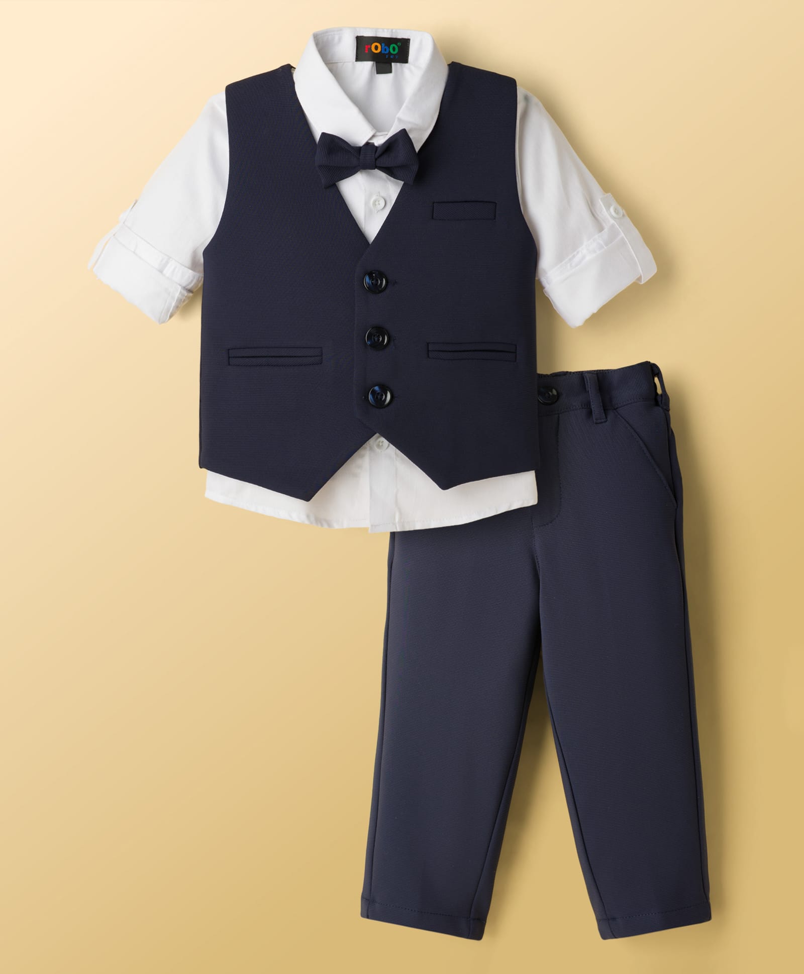 Robo Fry Cotton Woven Full Sleeves Solid 3 Piece Party Suit With Bow - Navy Blue-picture-26