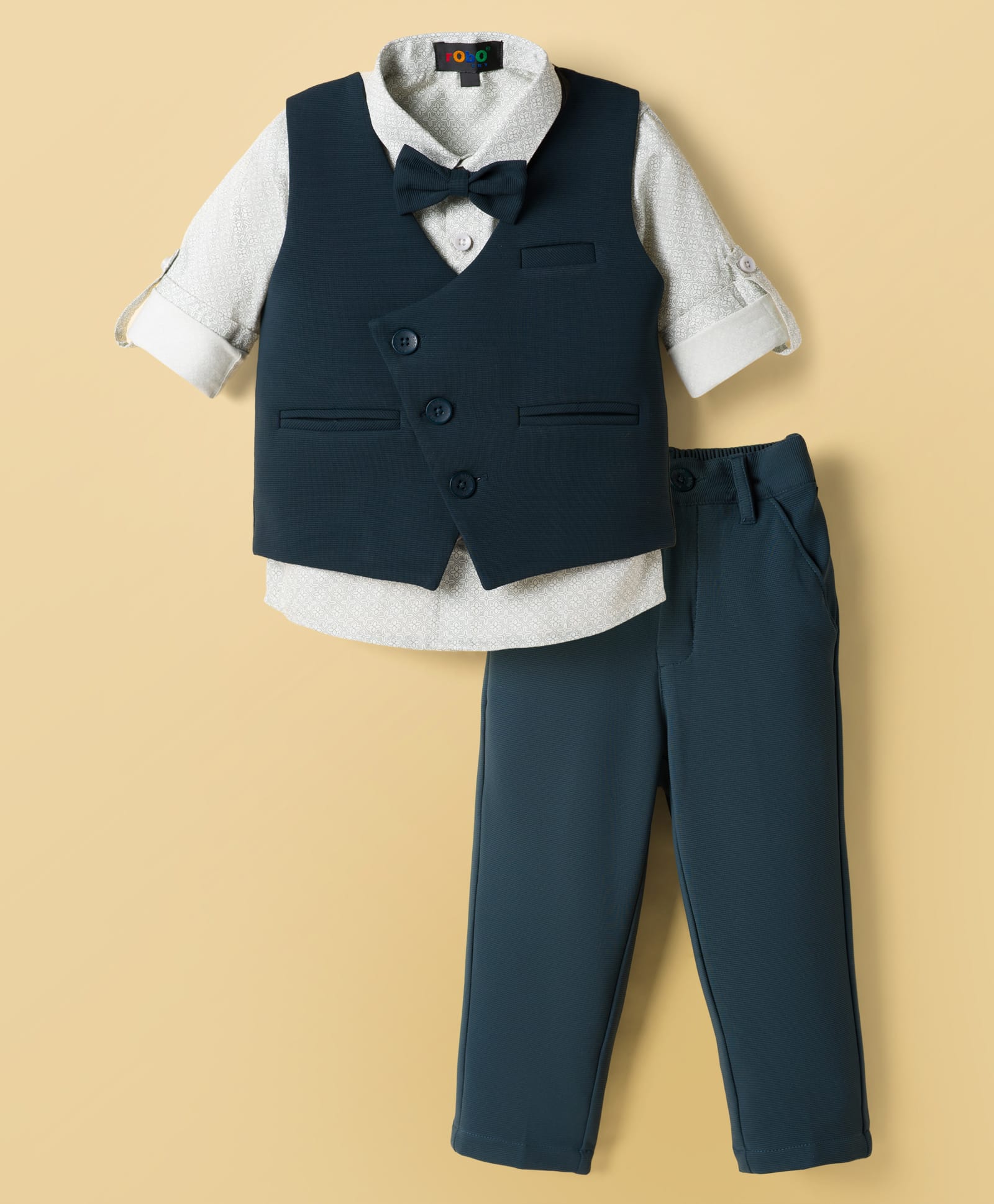 Robo Fry Cotton Woven Full Sleeves Solid 3 Piece Party Suit With Bow - Dark Green-picture-12