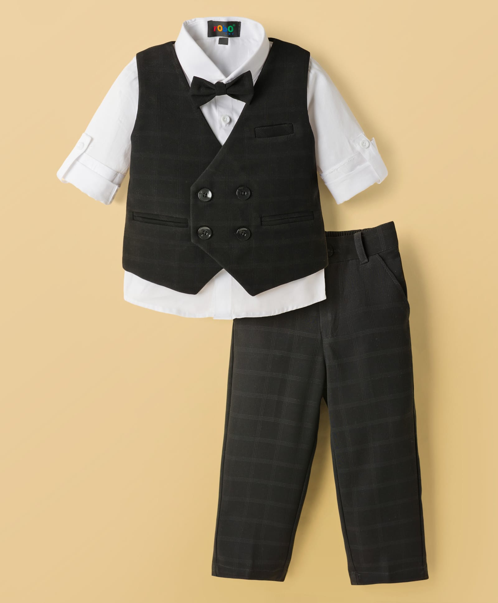 Robo Fry Cotton Woven Full Sleeves Solid 3 Piece Party Suit With Bow - Black-picture-28