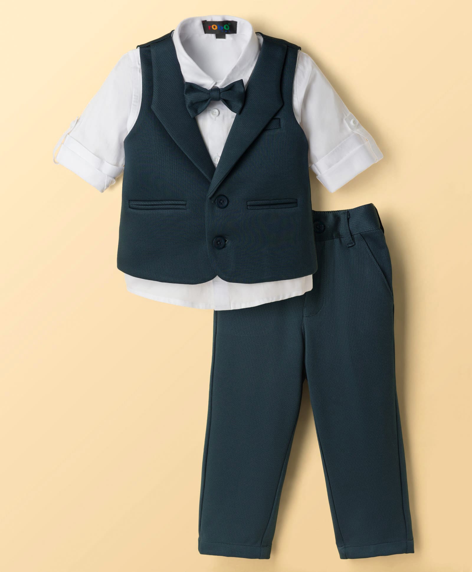 Robo Fry Cotton Woven Full Sleeves Solid 3 Piece Party Suit With Bow - Dark Green-picture-28