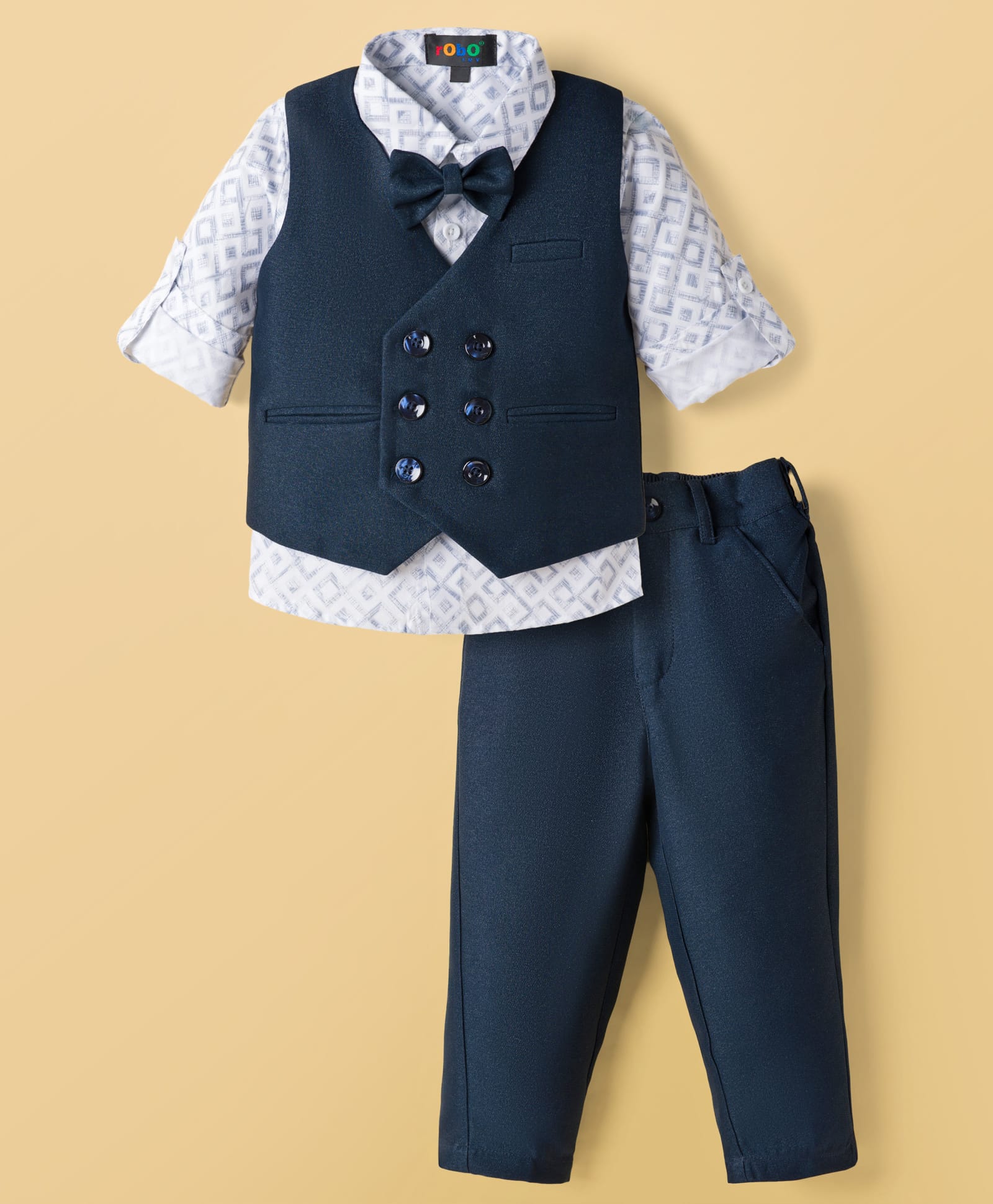 Robo Fry Cotton Woven Full Sleeves Printed 3 Piece Party Suit With Bow - Navy Blue-picture-19