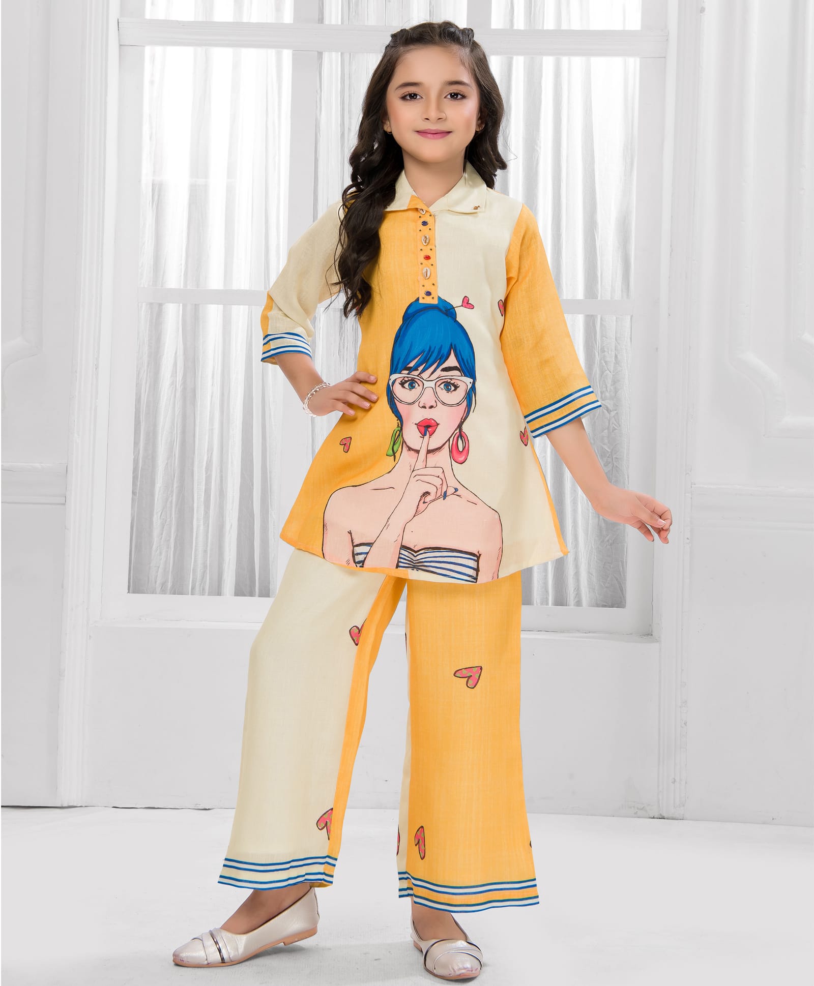 Ministitch Cotton Blend Woven Three Fourth Sleeves Girl With Glasses Printed Kurti With Pant Set - Yellow-picture-2