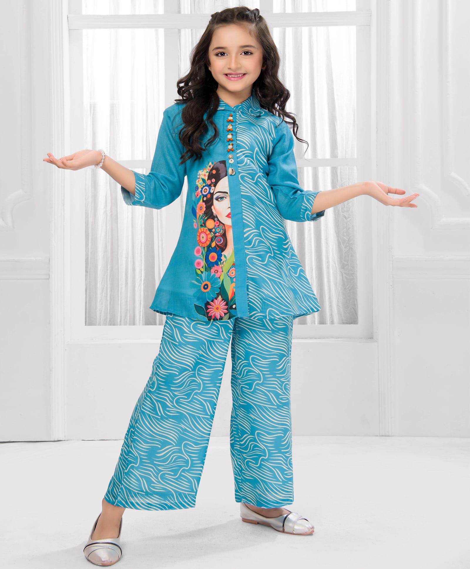 Ministitch Cotton Blend Woven Three Fourth Sleeves Girl & Floral Printed Kurti With Pant Set - Blue-image-4
