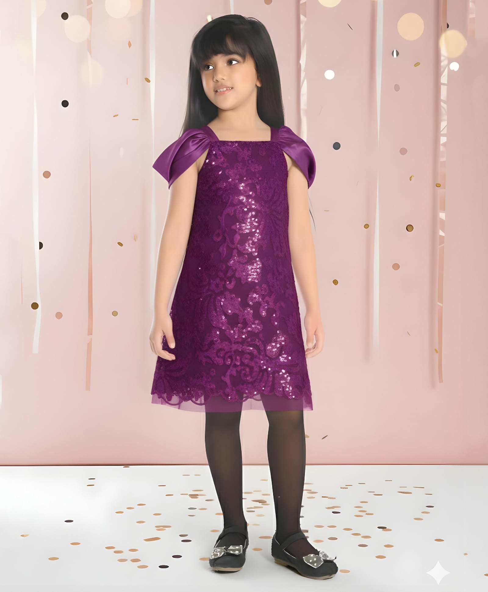 Ministitch Woven Half Sleeves Floral Designed Sequins Embellished Dress - Wine-image-1
