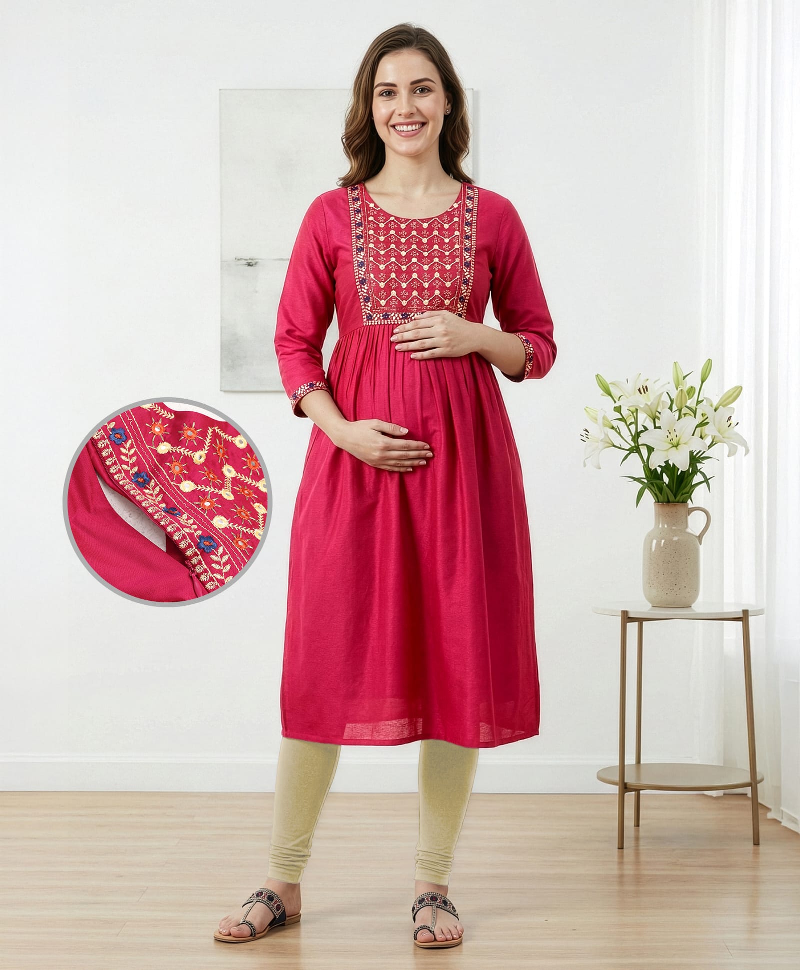 Bella Mama Viscose Woven Three Fourth Sleeves Maternity Kurta With Floral Embridoery - Pink-image-44