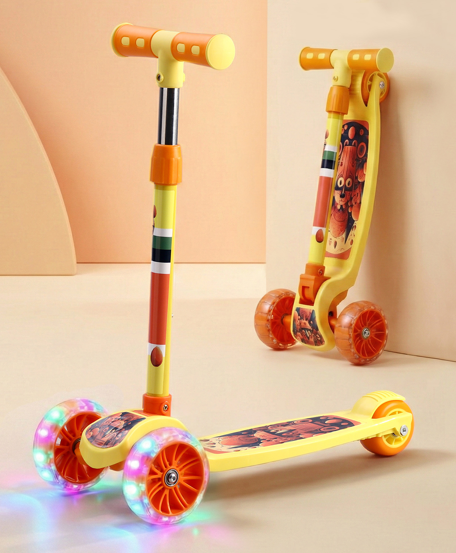 3 Wheel Kids Scooter with PU LED Wheel - Yellow & Orange| Adjustable Height|Weight Capacity upto 50 Kg| Toy for 2 to 12 yrs Boys&Girls| Activity Gifting Option|Compact Fold|Lean-to-Steer