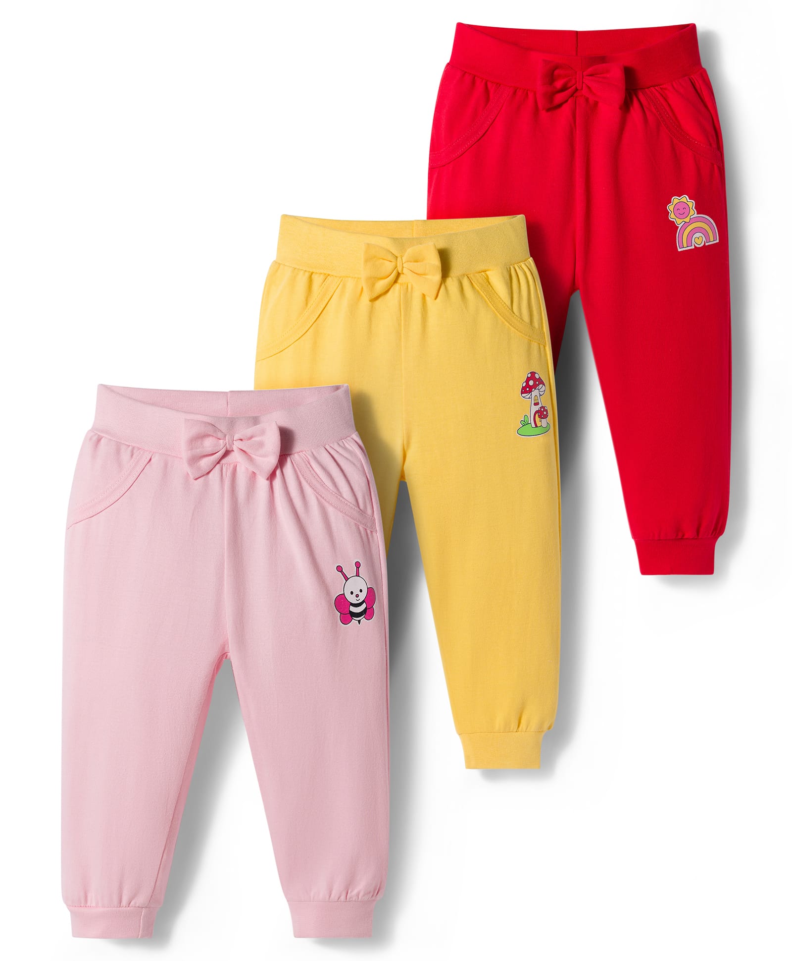 Doodle Poodle 100% Cotton Knit Full Length Honeybee & Rainbow Printed Lounge Pants With Bow Applique Pack of 3 - Red Yellow & Pink-image-28