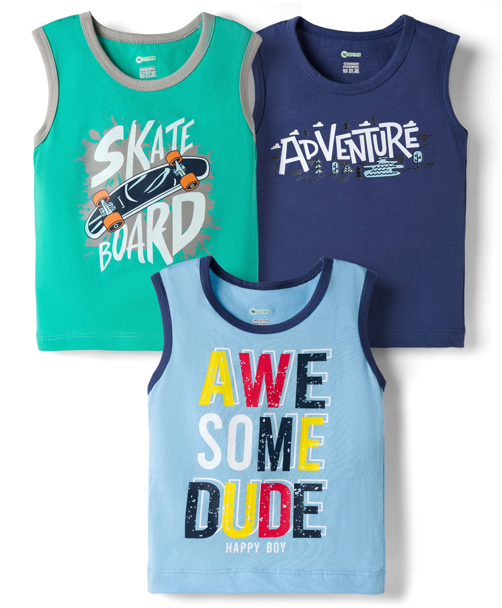 OHMS Single Jersey Knit Sleeveless Text Printed Vests Pack Of 3 - Multicolour-image-34