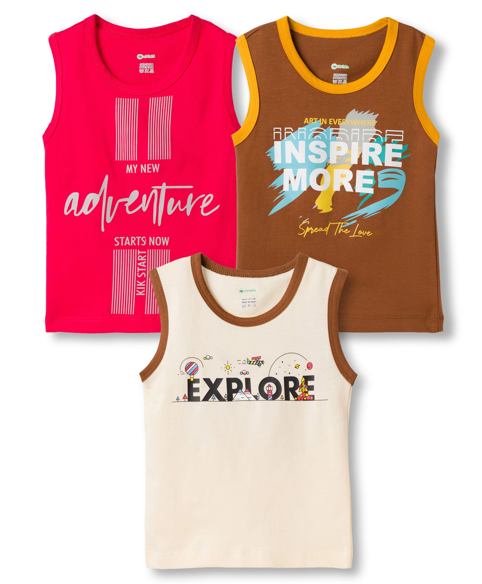 OHMS Single Jersey Knit Sleeveless Vests With Text Print Pack of 3 - Red Brown & Beige-image-35