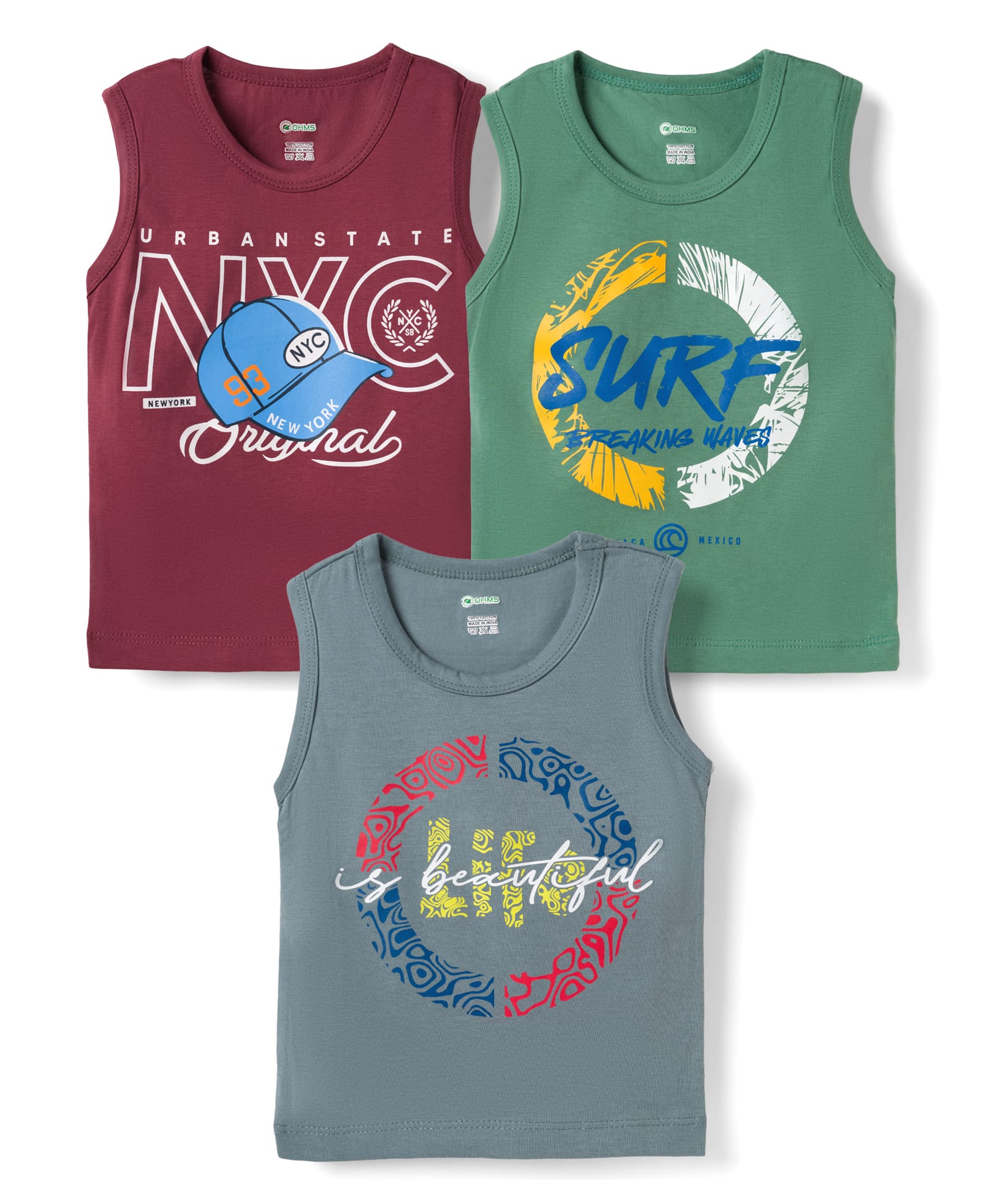 OHMS Single Jersey Knit Sleeveless Text & Beach Theme Printed Vests Pack Of 3 - Maroon Mint & Grey-image-33