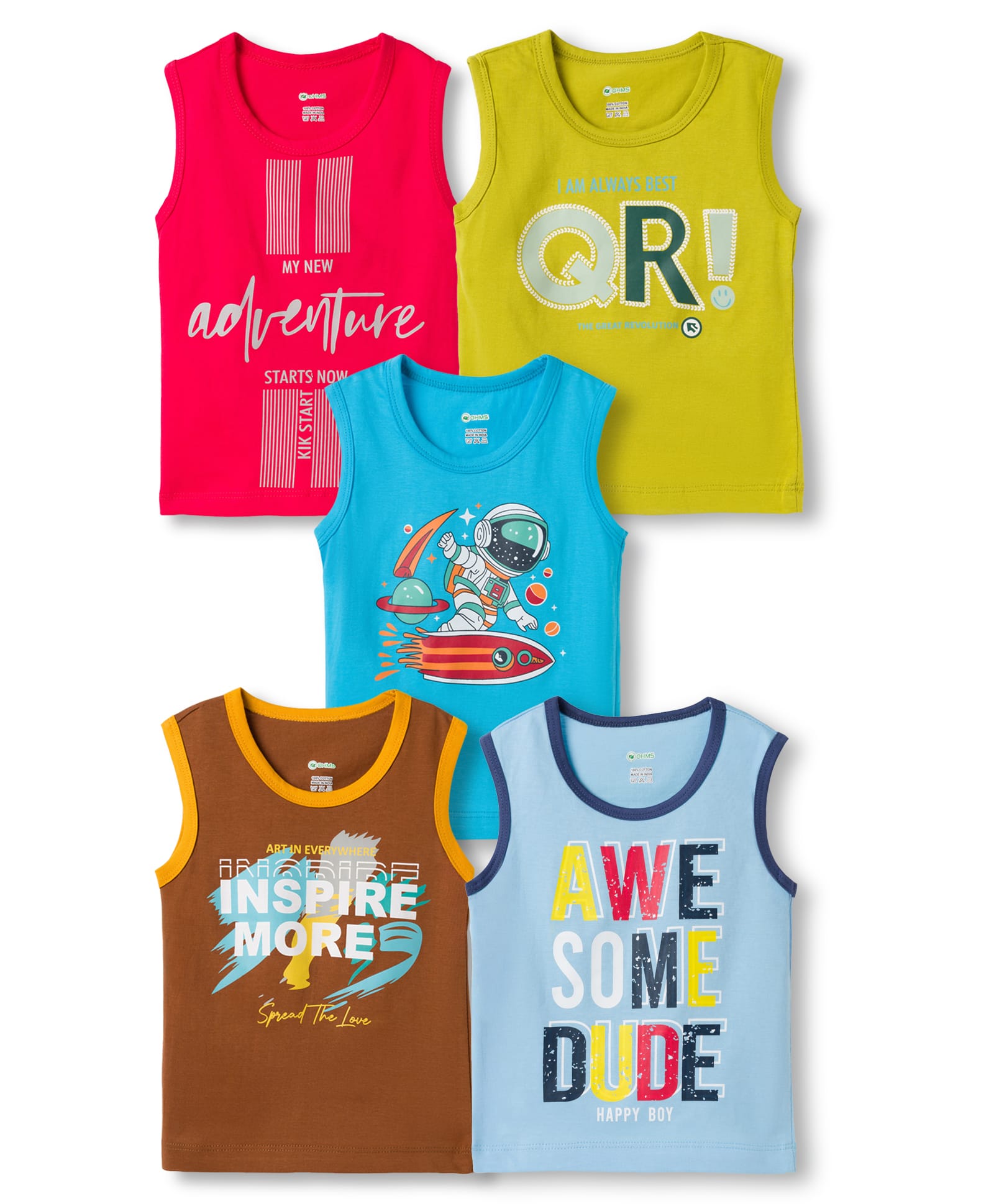 OHMS Single Jersey Knit Printed Sleeveless Vests Pack of 5 - Multicolor-image-31
