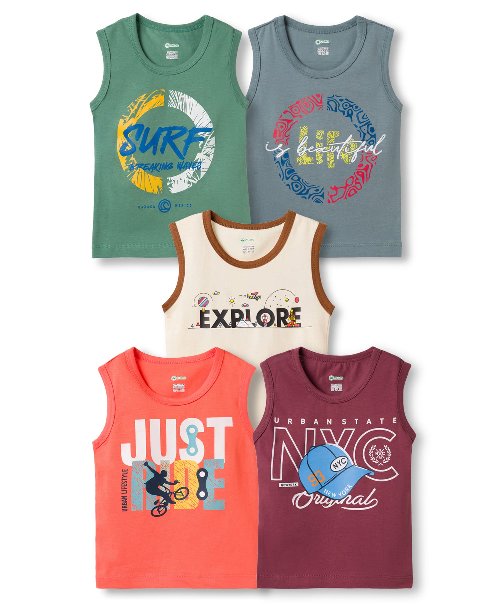 OHMS Single Jersey Knit Sleeveless Printed Vests Pack of 5 - Multicolor-image-42