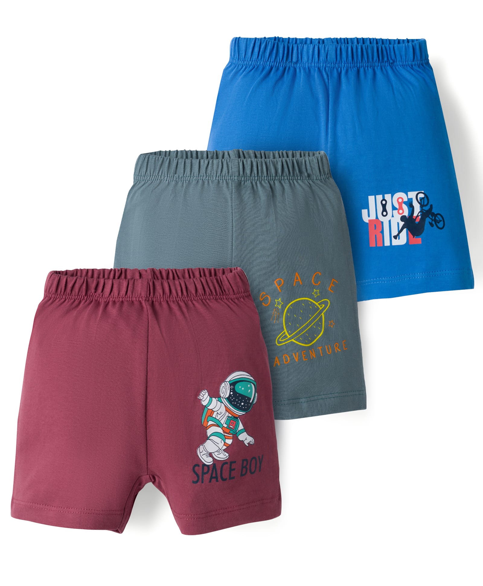 OHMS Single Jersey Knit Knee Length Shorts with Space Theme Print Pack of 3 - Blue Maroon & Grey-image-44