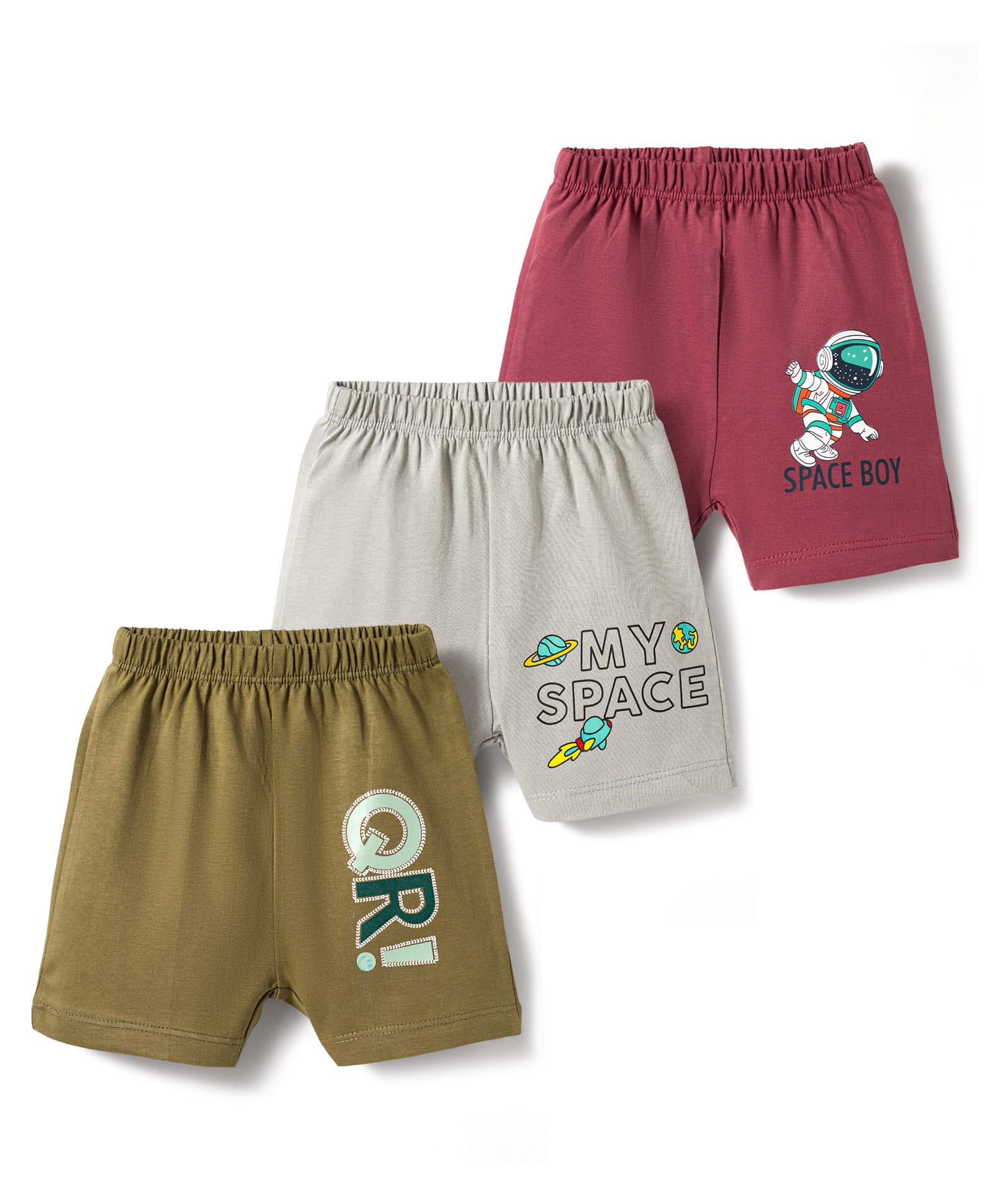 OHMS Single Jersey Knit Space Theme Printed Shorts Pack Of 3 - Grey Olive Green & Maroon-image-36