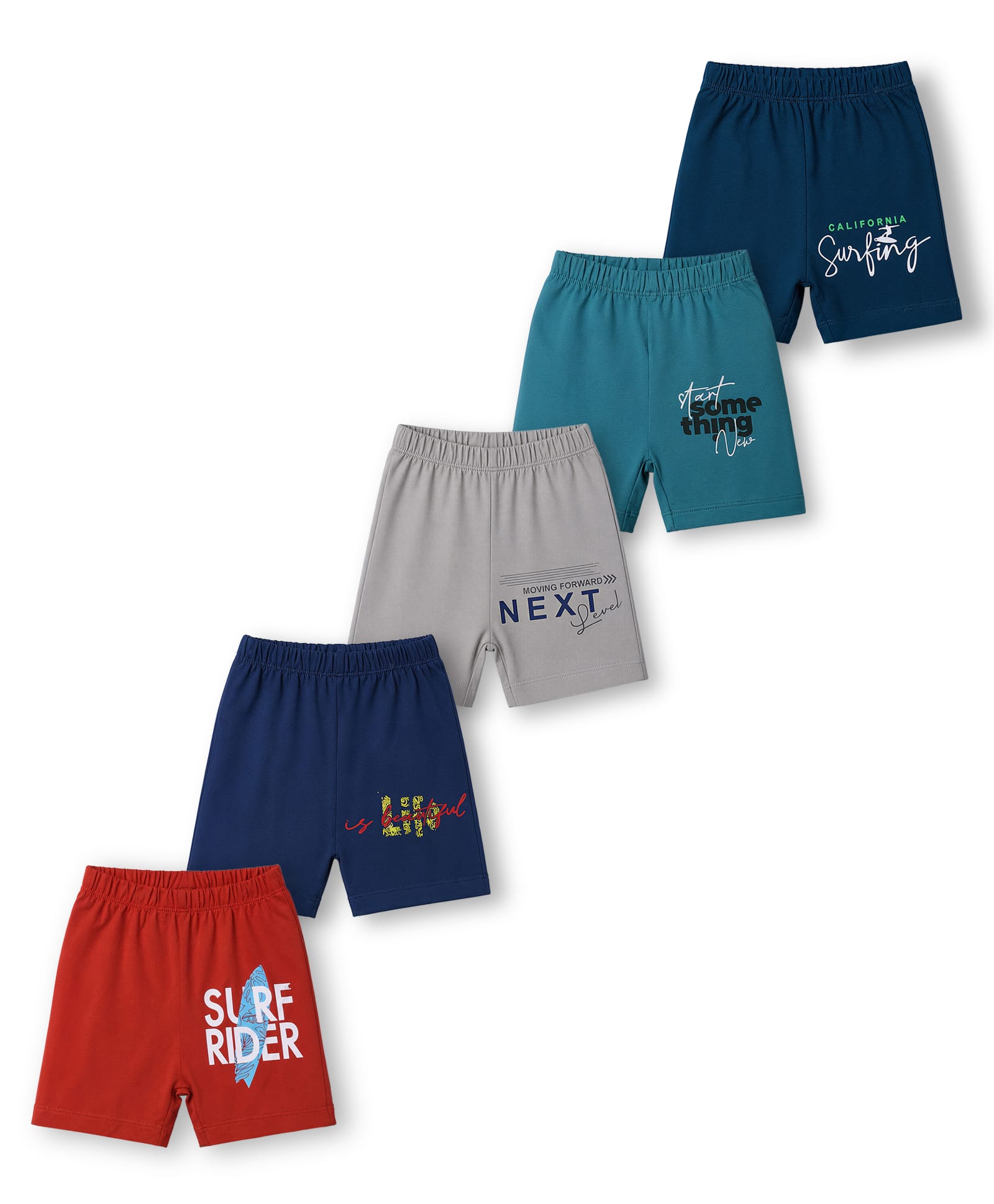 OHMS Single Jersey Knit Knee Length Beach Theme & Text Printed Shorts Pack Of 5 - Multicolor-image-18