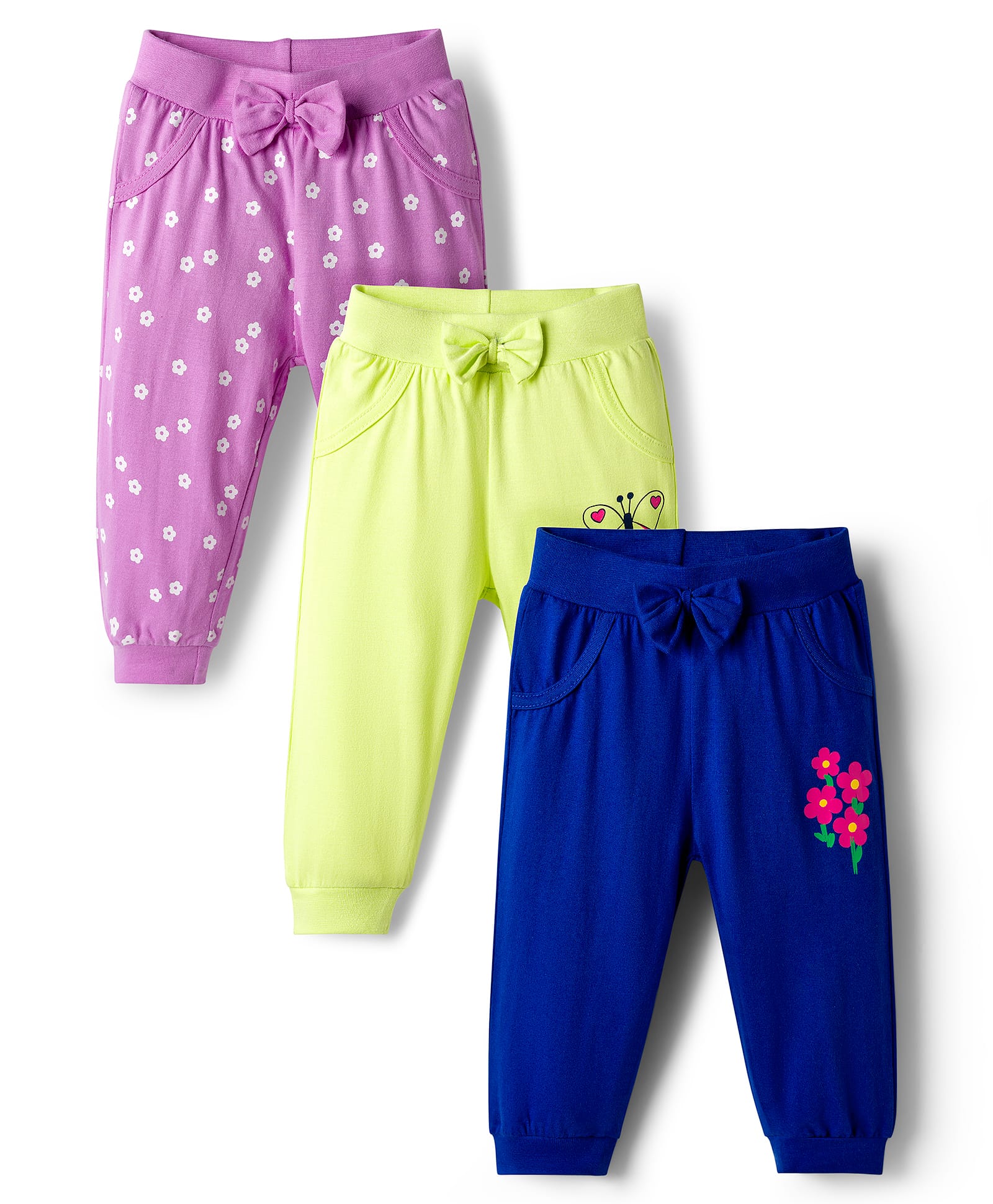 Doodle Poodle 100% Cotton Knit Full Length Floral & Butterfly Printed Lounge Pants With Bow Applique Pack of 3 - Light Green Violet & Navy Blue-image-27