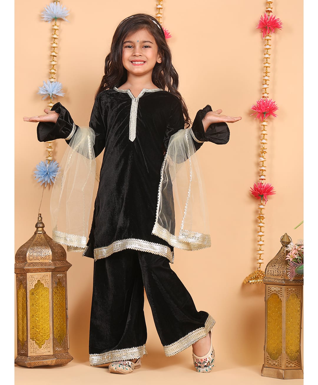 Superminis Velvet Woven Full Sleeves Gota Lace Embellished Kurti & Palazzo Set With Dupatta - Black-image-48