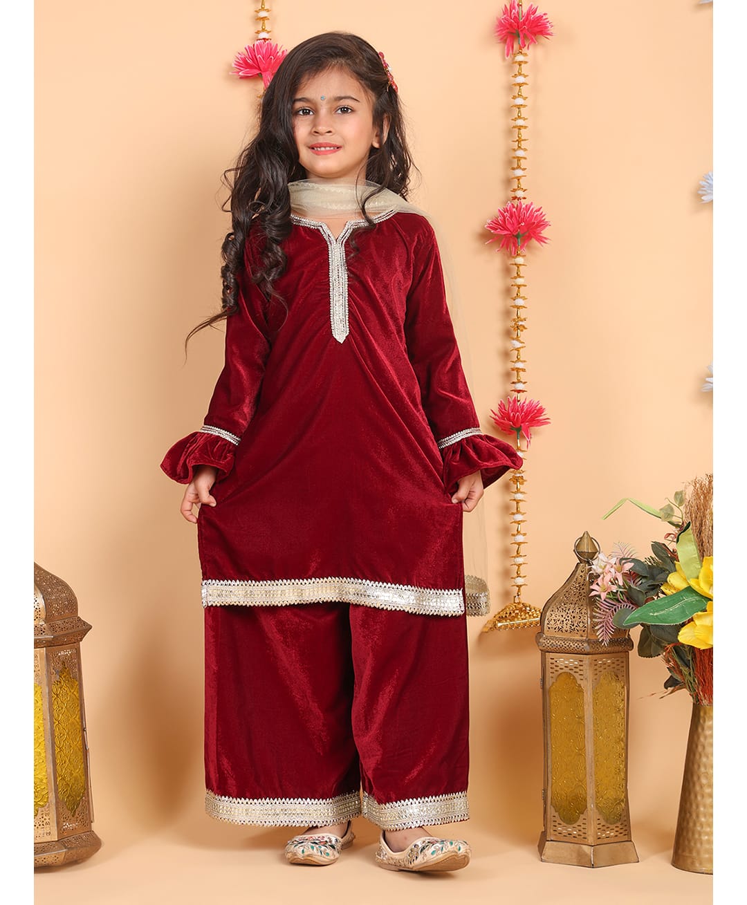 Superminis Velvet Woven Full Sleeves Gota Lace Embellished Kurti & Palazzo Set With Dupatta - Maroon-image-47