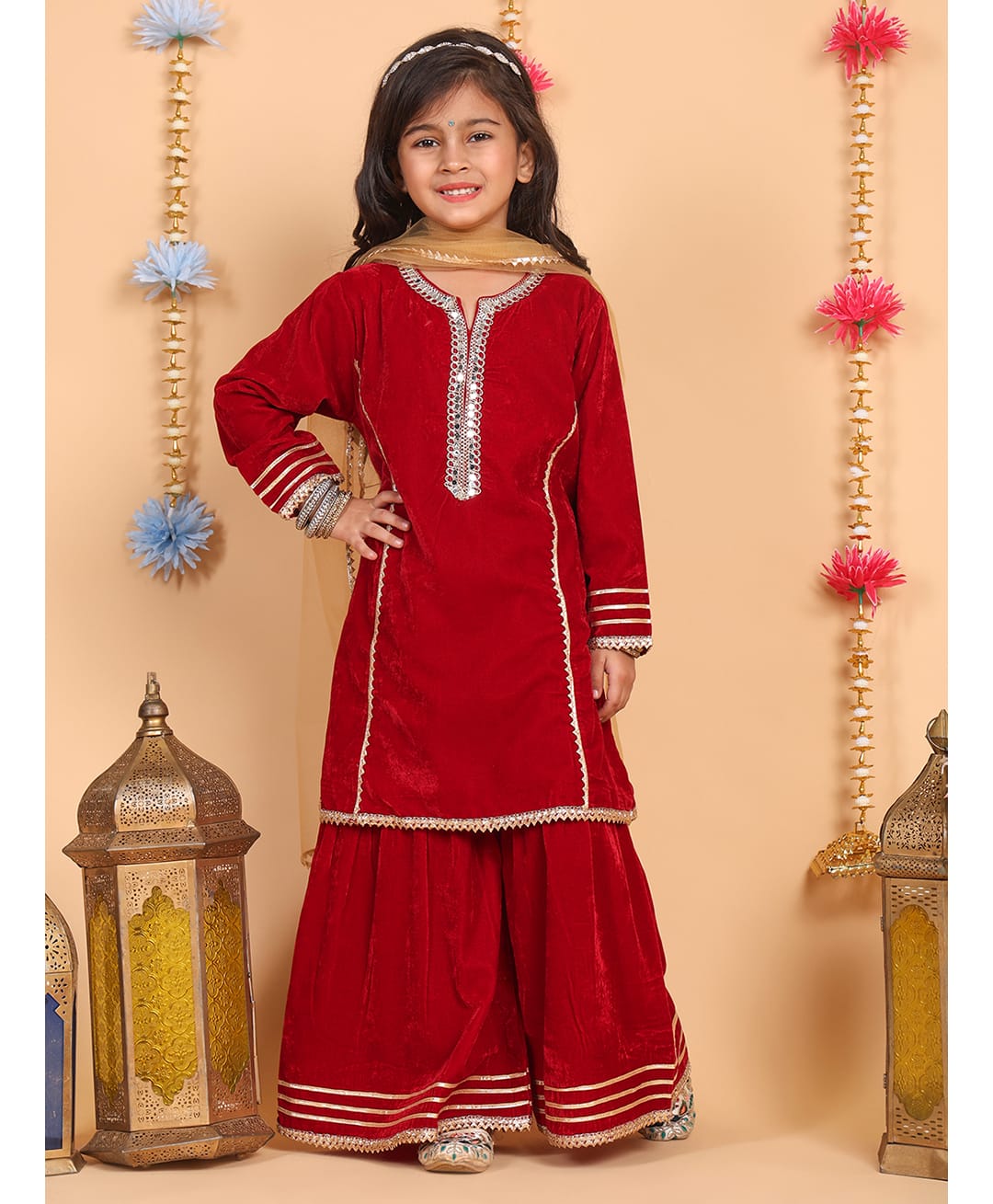 Superminis Velvet Woven Full Sleeves Gota Lace Embellished Kurti Sharara Set With Dupatta - Maroon-image-24
