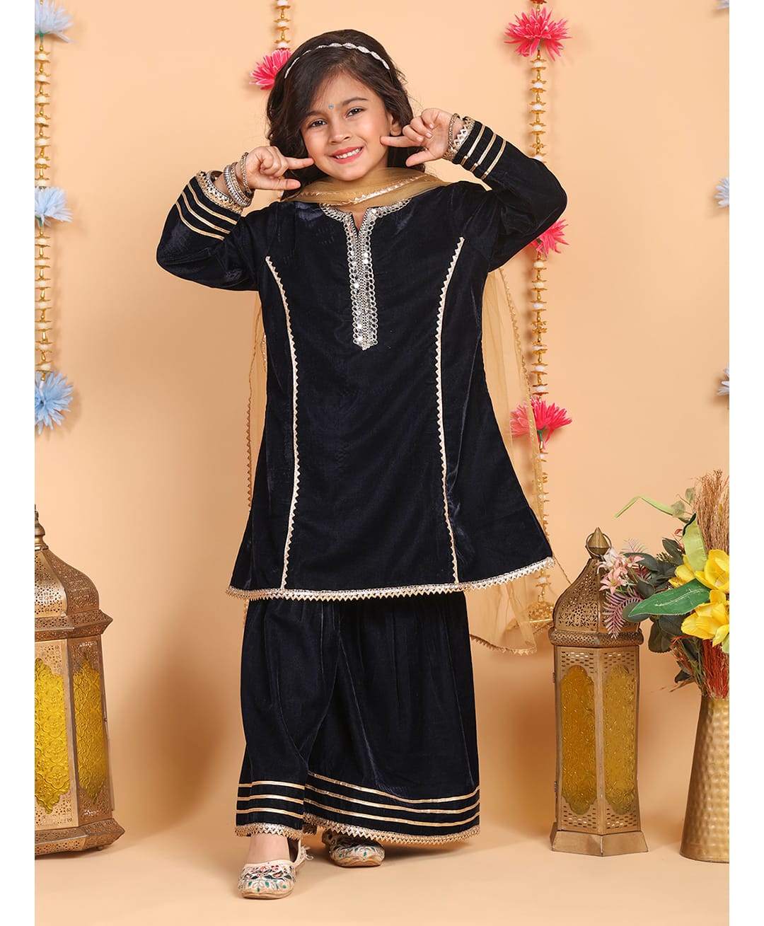 Superminis Velvet Woven Full Sleeves Gota Lace Embellished Kurti Sharara Set With Dupatta Navy Blue-picture-11