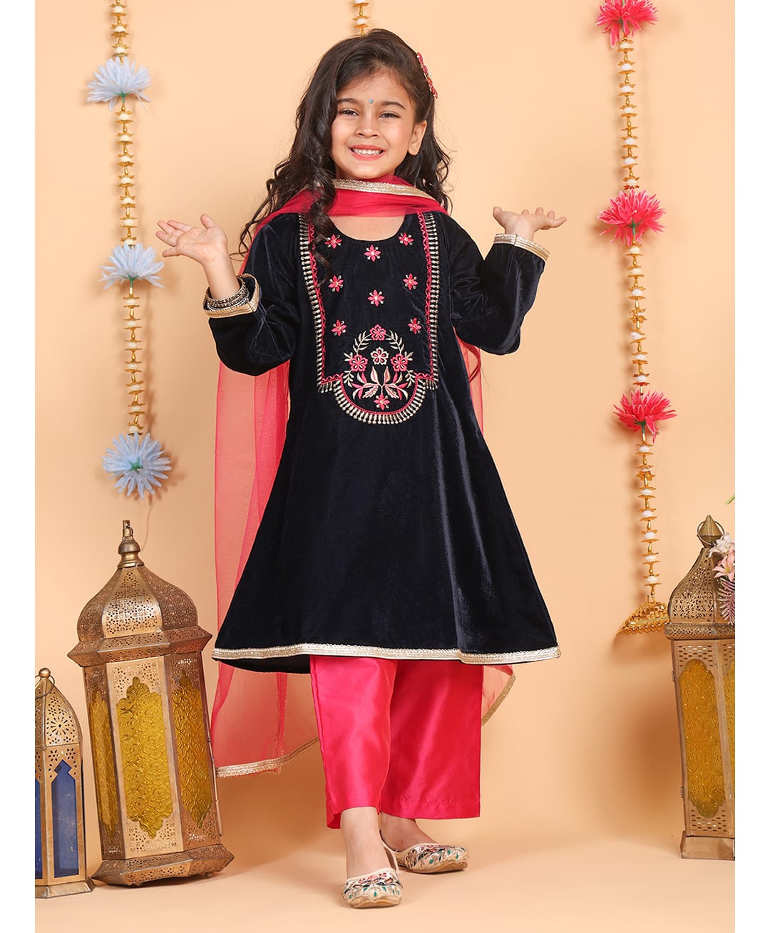 Superminis Velvet Woven Full Sleeves Floral Embroidered Kurti & Pant With Dupatta Set - Navy Blue-picture-13